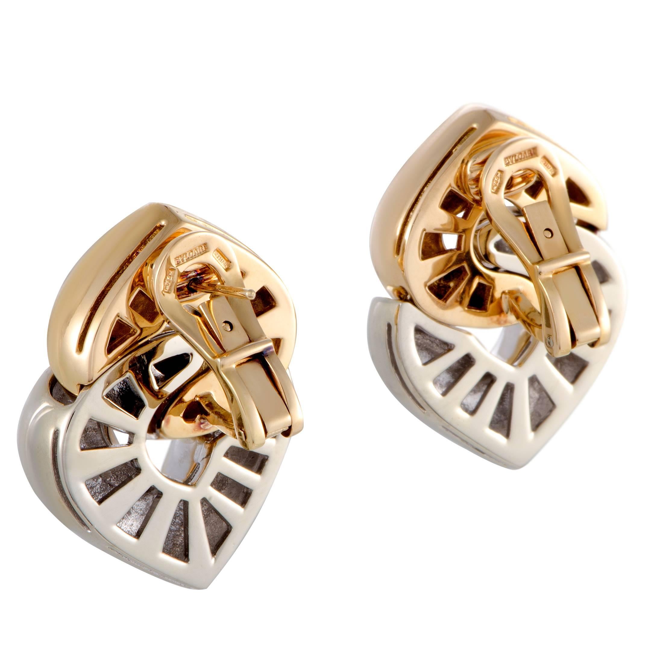 Bulgari Doppio Cuore Yellow and White Gold Hearts Earrings In Excellent Condition In Southampton, PA
