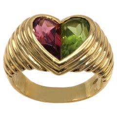 Bulgari Doppio Heart Pink Tourmaline Peridot 18 Karat Gold Ring