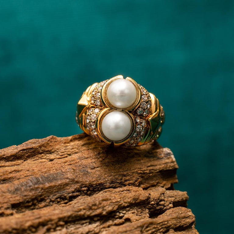 Bulgari Doppio Pearl and Diamond Gold Ring For Sale 2
