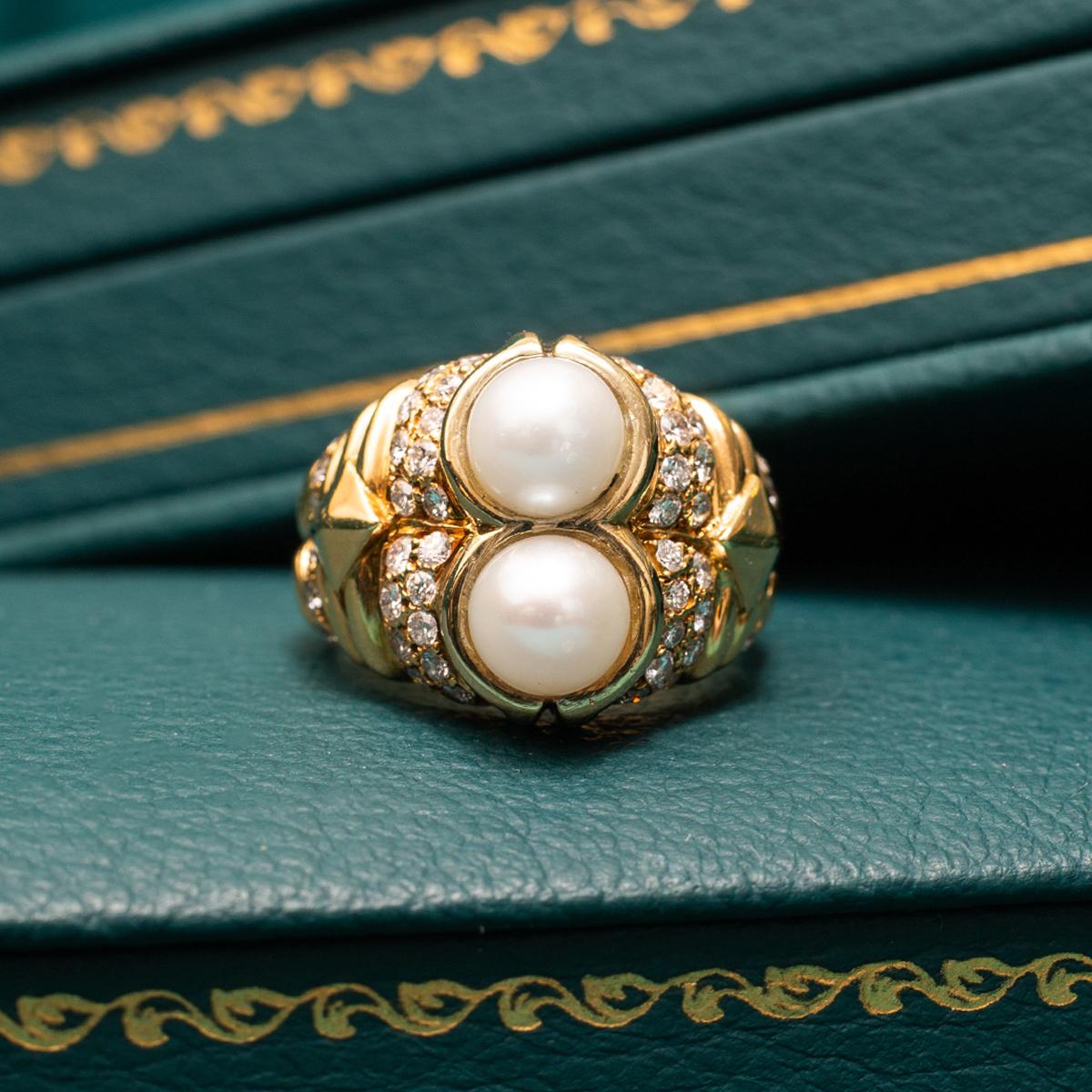 Women's or Men's Bulgari Doppio Pearl and Diamond Gold Ring For Sale