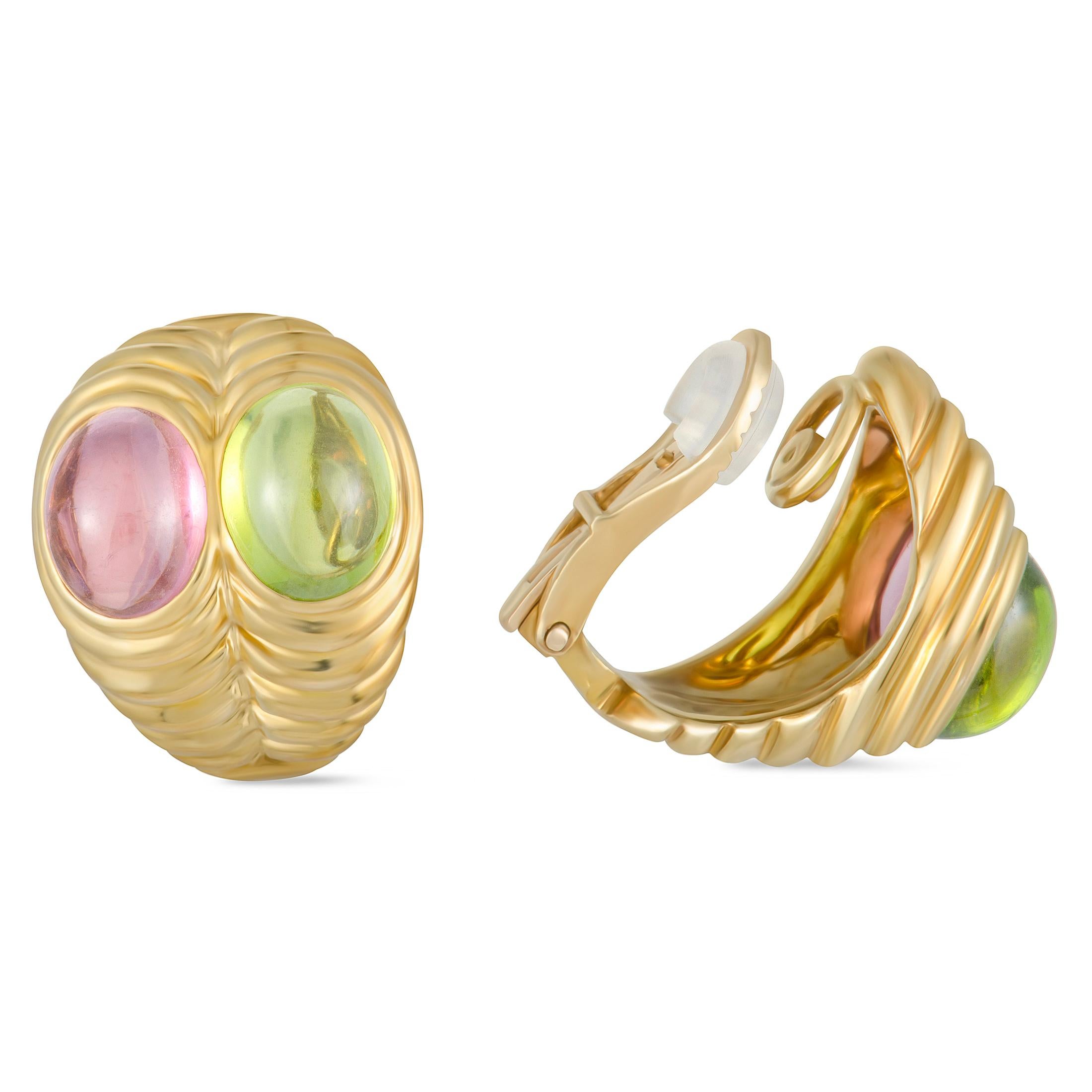 The enchanting radiance of gold in this fascinating pair of earrings is beautifully accentuated by the incredibly vivacious peridots and pink tourmalines. The pair is wonderfully designed by Bvlgari and exquisitely crafted from 18K yellow gold, with