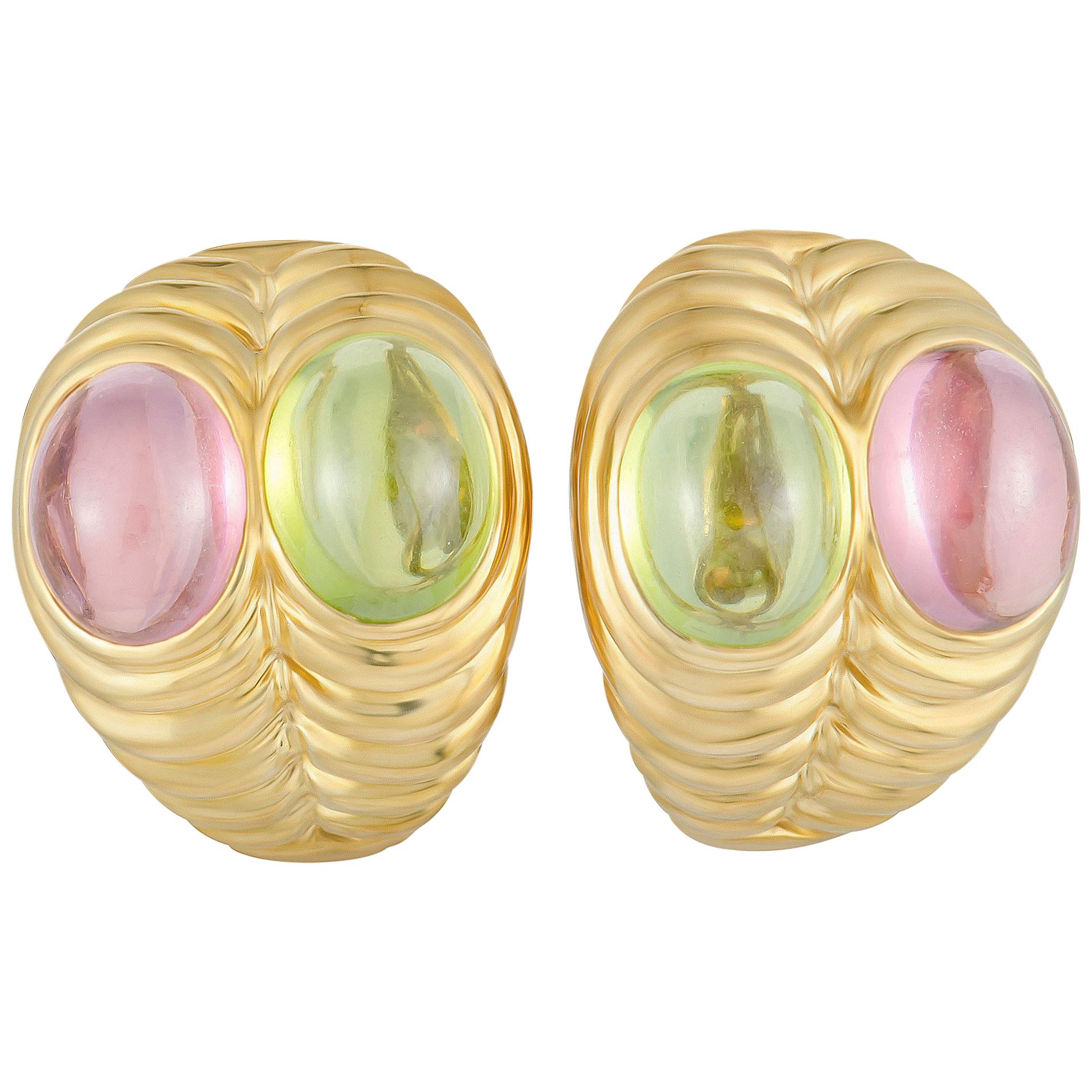 Bulgari Doppio Peridot and Pink Tourmaline Yellow Gold Double Clip-On Earrings