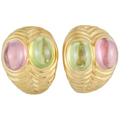 Bulgari Doppio Peridot and Pink Tourmaline Yellow Gold Double Clip-On Earrings