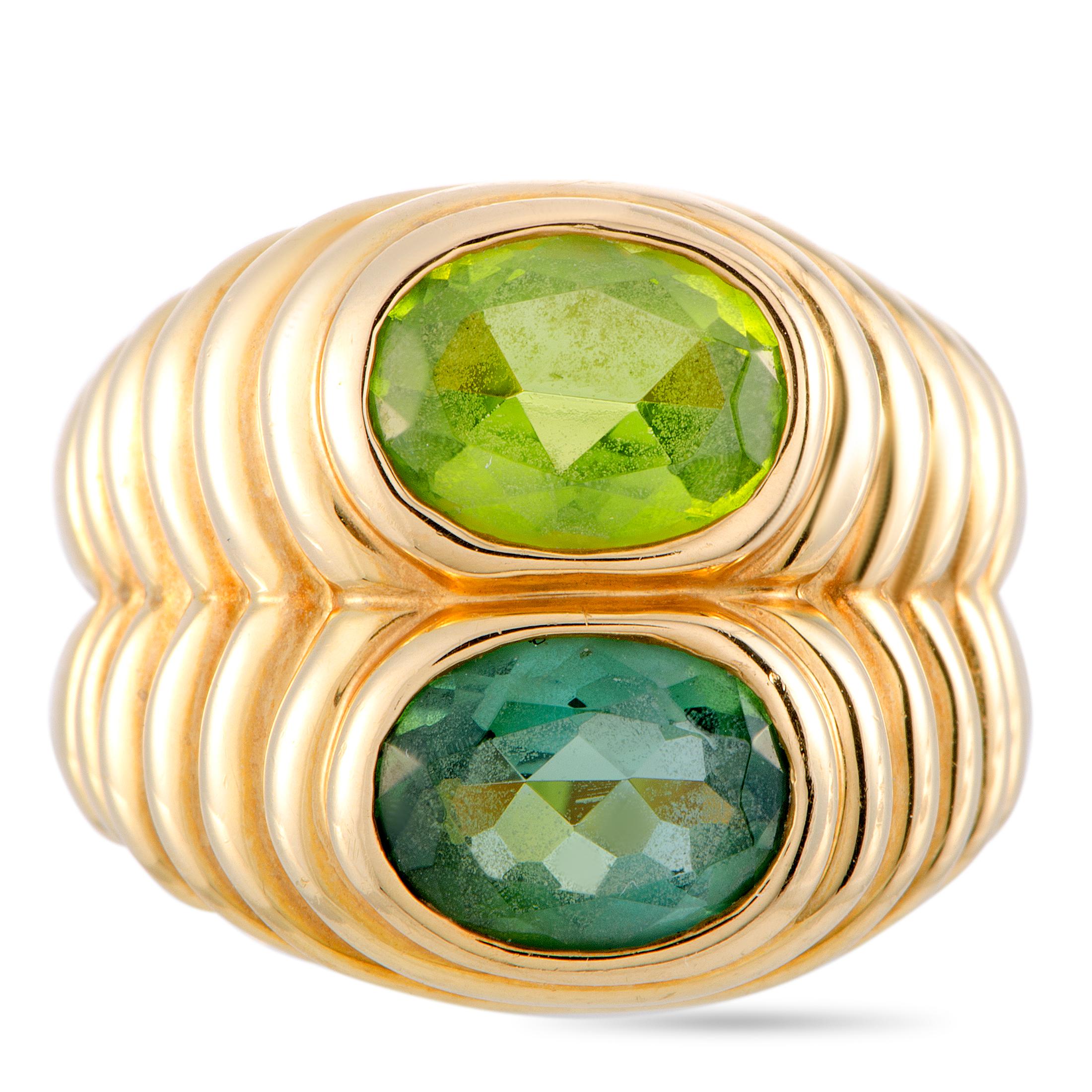 Bulgari Doppio Peridot and Tourmaline Yellow Gold Ring In Excellent Condition In Southampton, PA