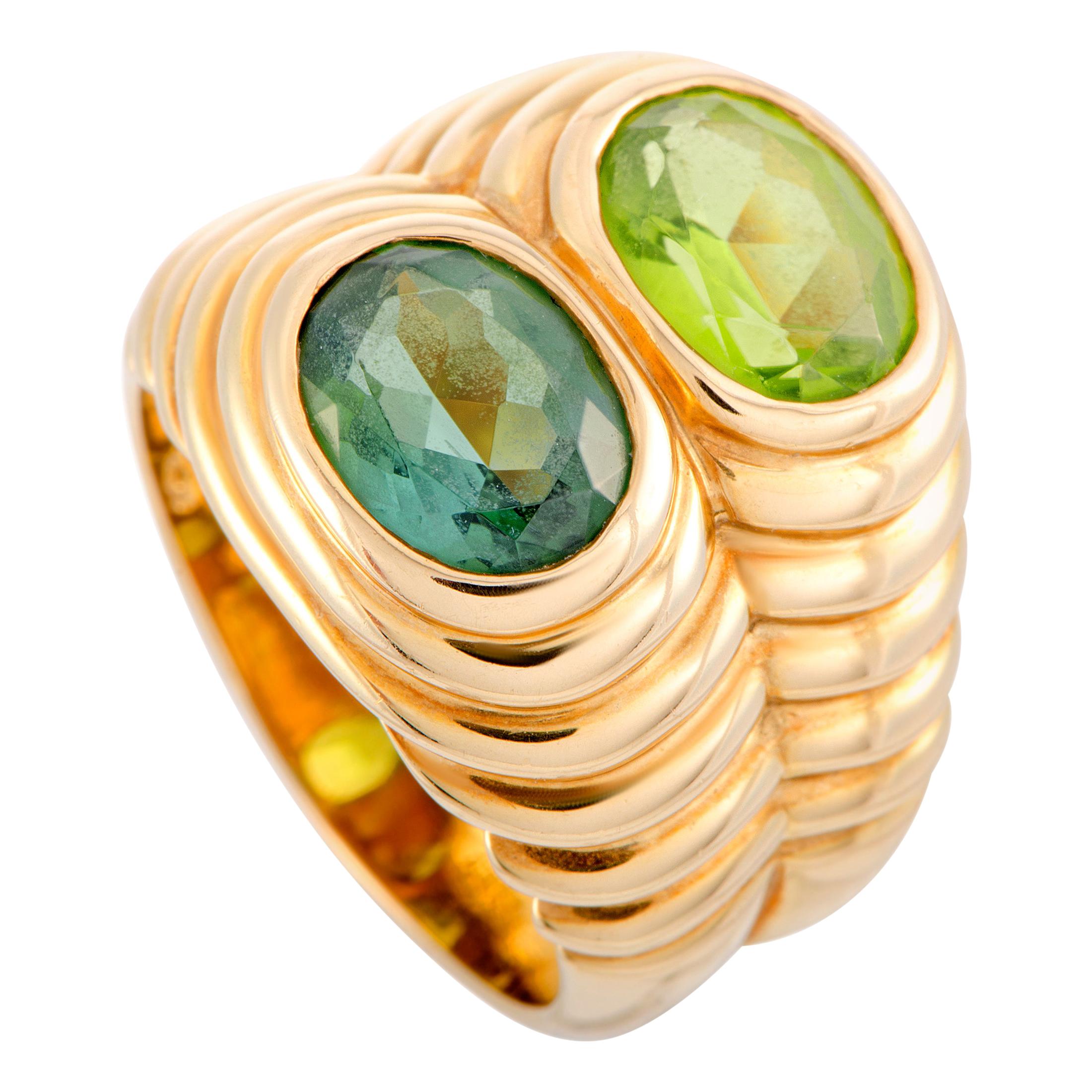 Bulgari Doppio Peridot and Tourmaline Yellow Gold Ring at 1stDibs