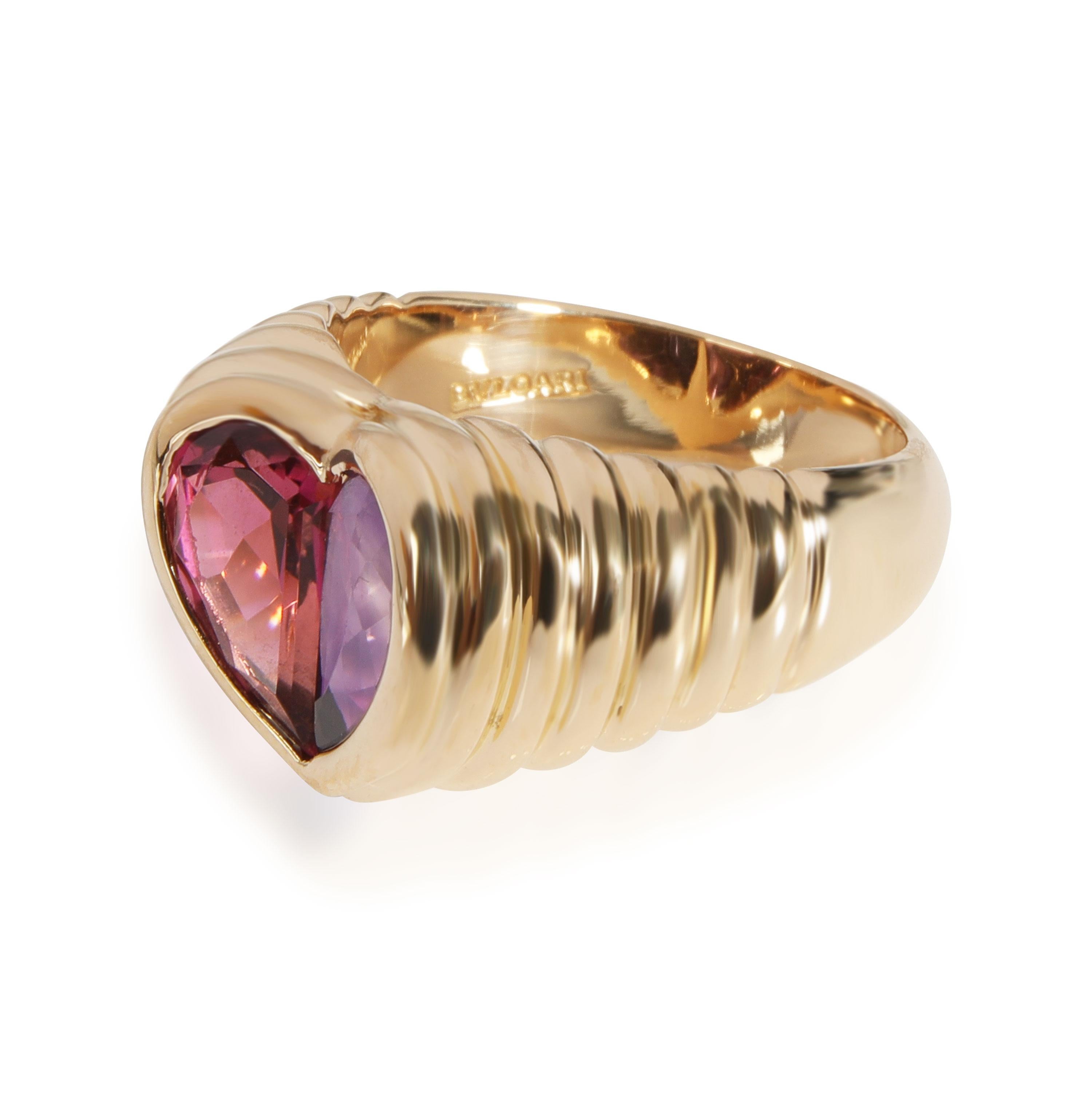 Bulgari Doppio Pink Tourmaline & Amethyst Heart Ring in 18K Yellow Gold In Excellent Condition In New York, NY