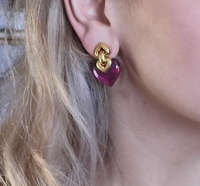 Women's or Men's Bulgari Doppio Pink Tourmaline Gold Earrings