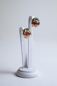 Bulgari Gold Earrings and Ring Set with Ruby, Emerald and Diamonds