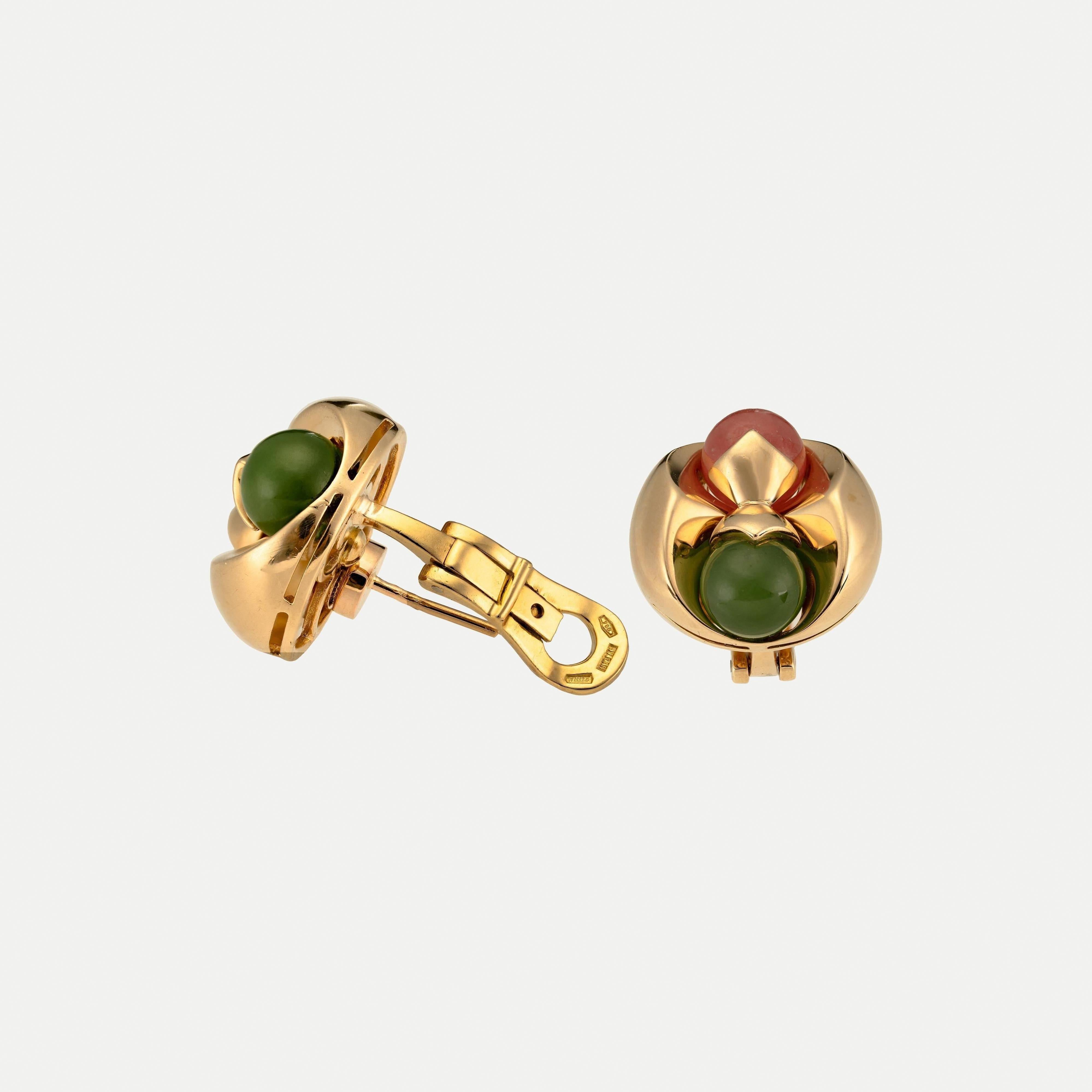 Round Cut Bulgari Earrings with Chrysoprase and Rhodochrosite For Sale