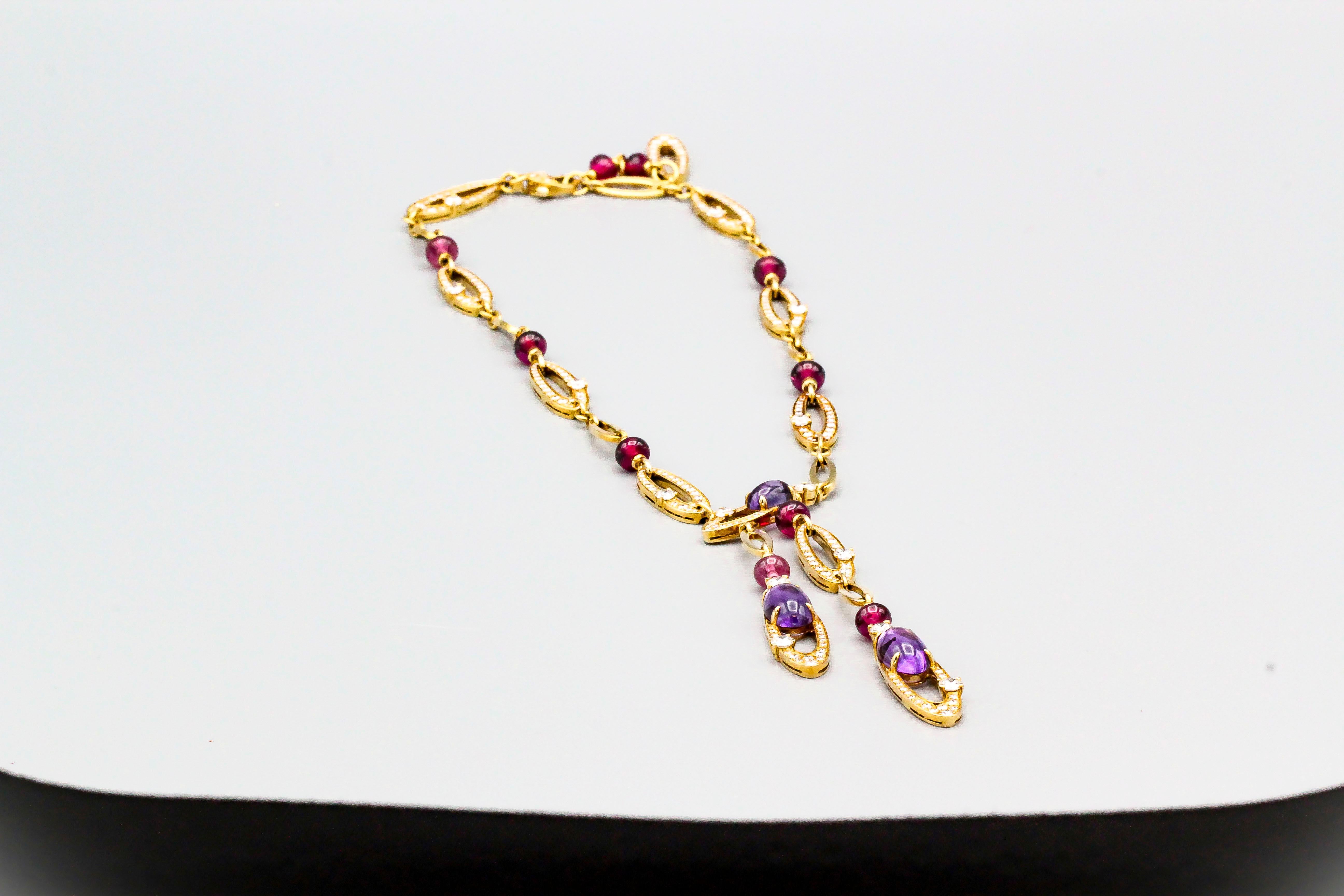 Chic contemporary amethyst, rubellite, diamond and 18K yellow gold necklace from the 