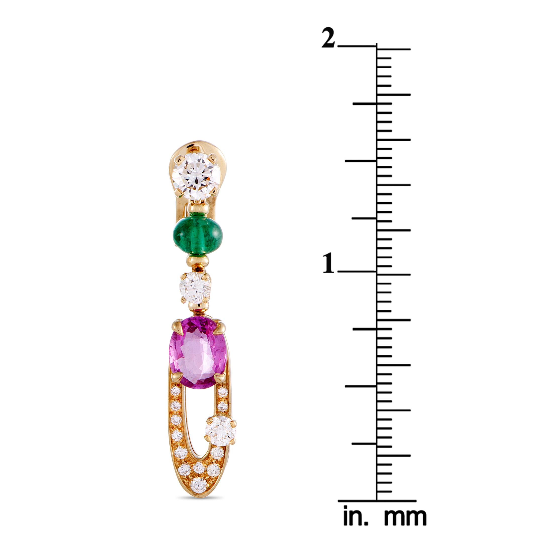 Bulgari Elisia Diamond, Emeralds and Blue/Pink Sapphires Yellow Gold Earrings In Excellent Condition In Southampton, PA