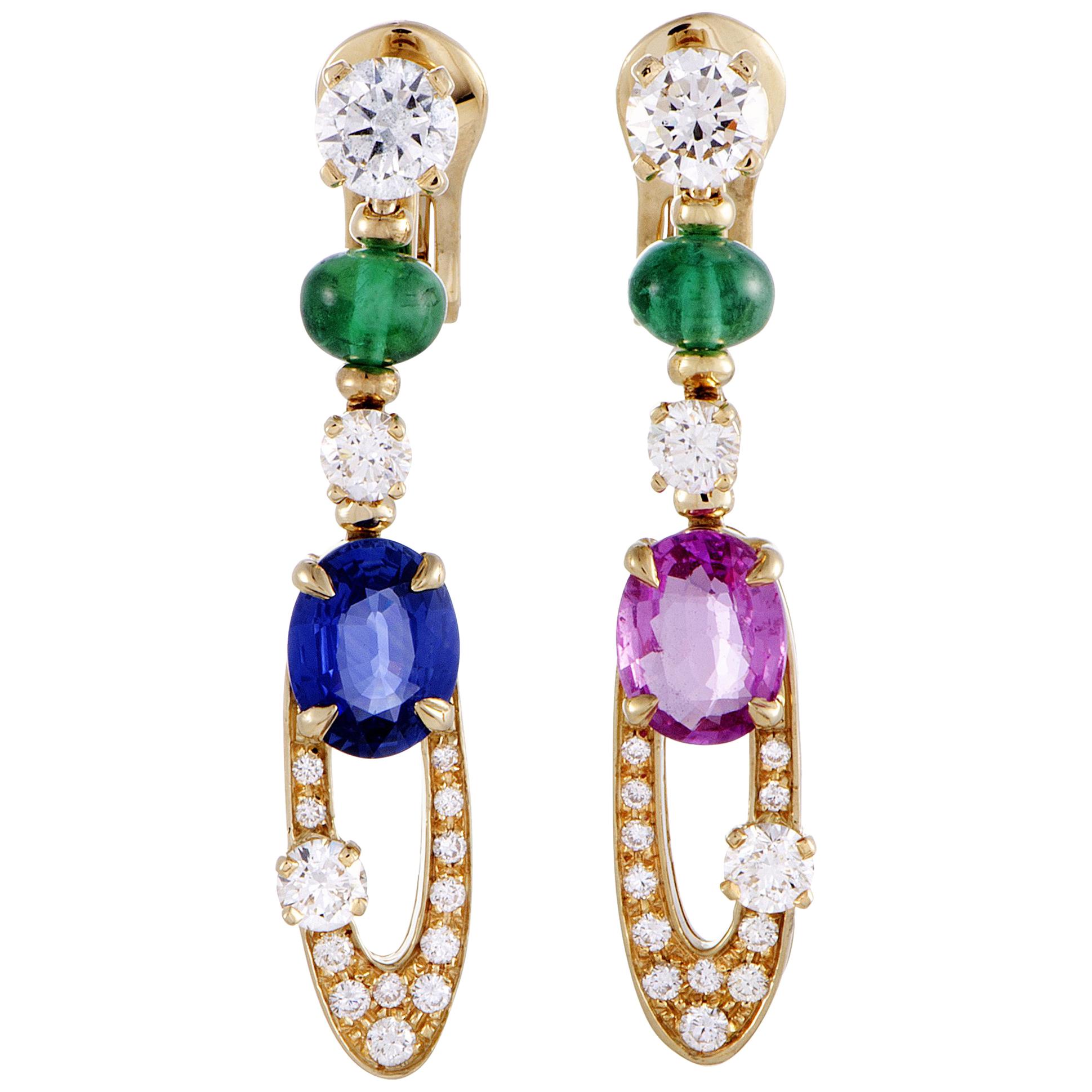 Bulgari Elisia Diamond, Emeralds and Blue/Pink Sapphires Yellow Gold Earrings