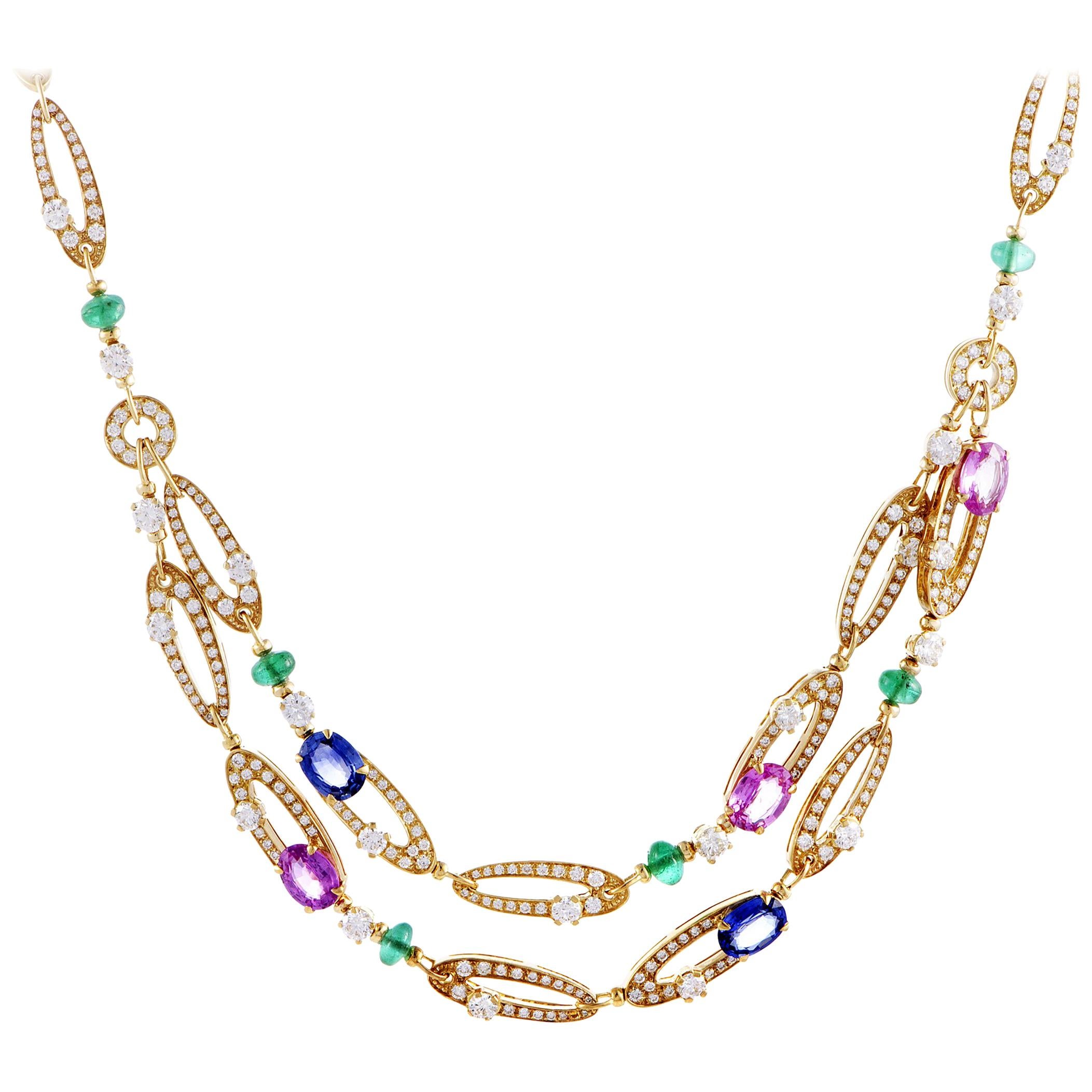 Bulgari Elisia Diamond, Emeralds and Blue/Pink Sapphires Yellow Gold Necklace
