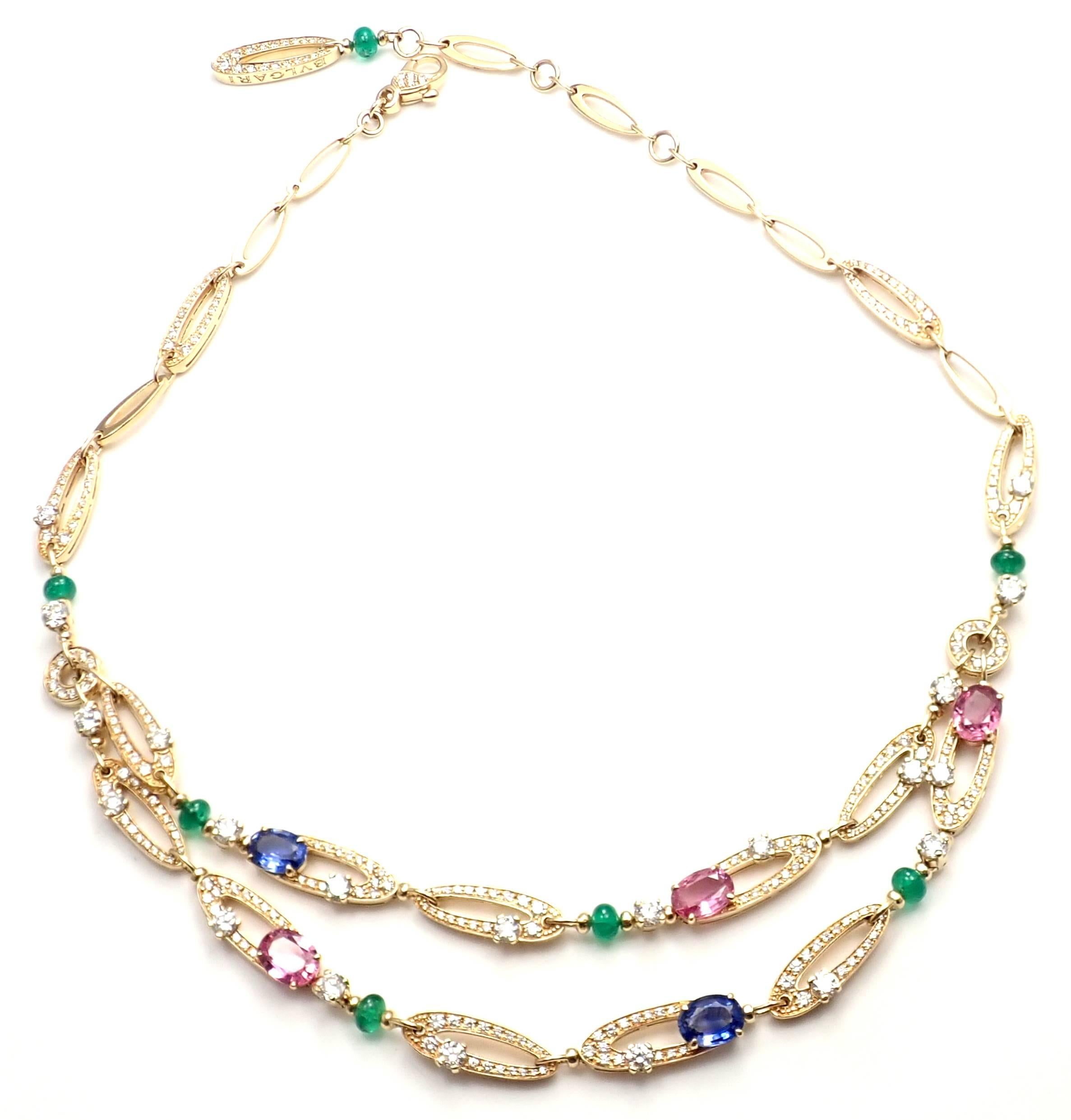 18k Yellow Gold Diamond Multicolor Sapphire Emearld Elysia Necklace by Bulgari. 
With Blue & Purple-Pink sapphires 6.98ct
Emerald beads 3.88ct
Brilliant cut diamonds VVS1 clarity, E color total weight approx. 6.11ct
The Retail Price of this necklace