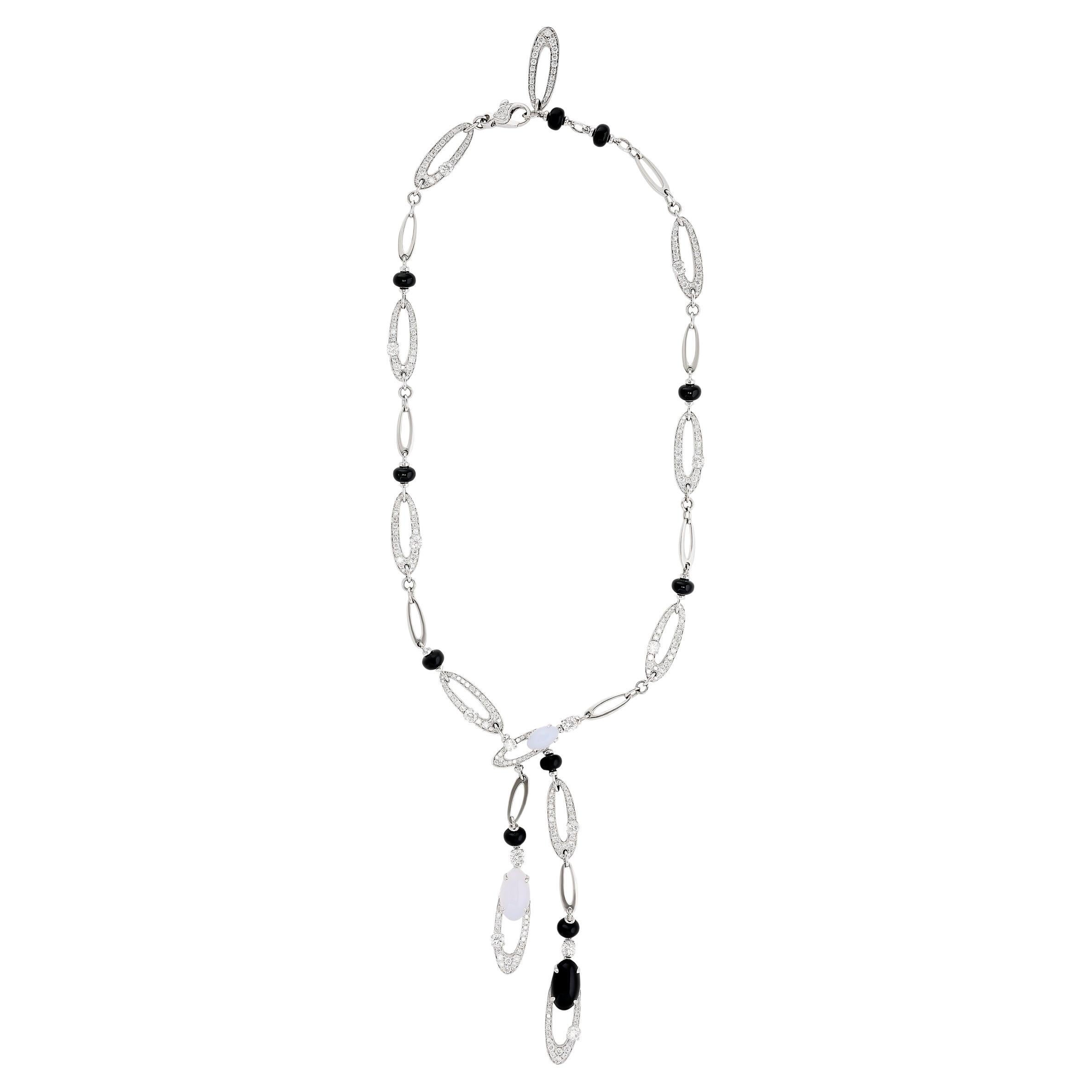 Bulgari Elysia Diamond, Onyx and Chalcedony Lariat Necklace in 18k White Gold in vendita
