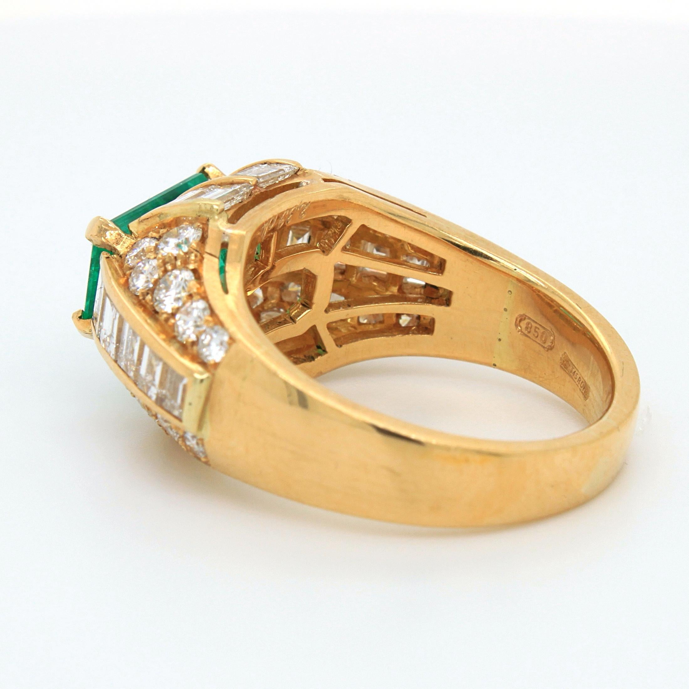 Emerald Cut Bulgari Emerald and Diamond Trombino Ring, ca. 1970s For Sale