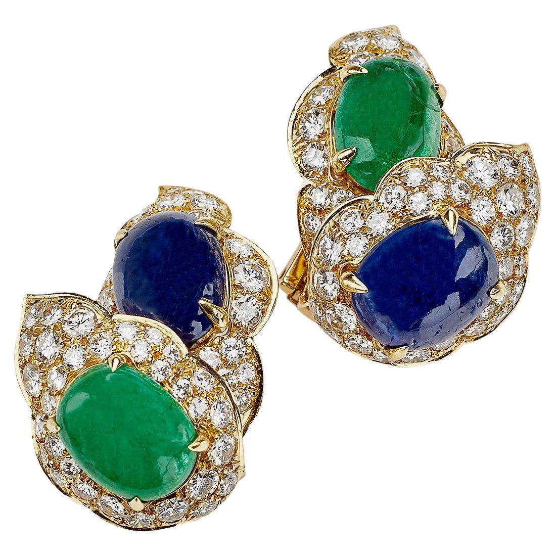 Bulgari Emerald and Sapphire Clip Earrings For Sale