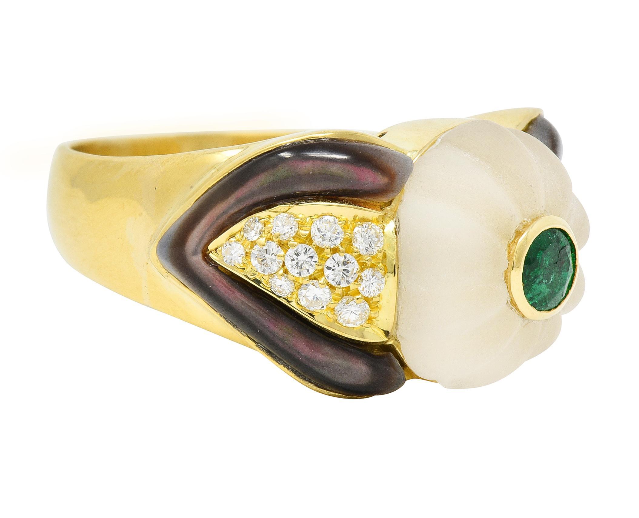 Brilliant Cut Bulgari Emerald Diamond Mother-of-Pearl Quartz Vintage Ring For Sale