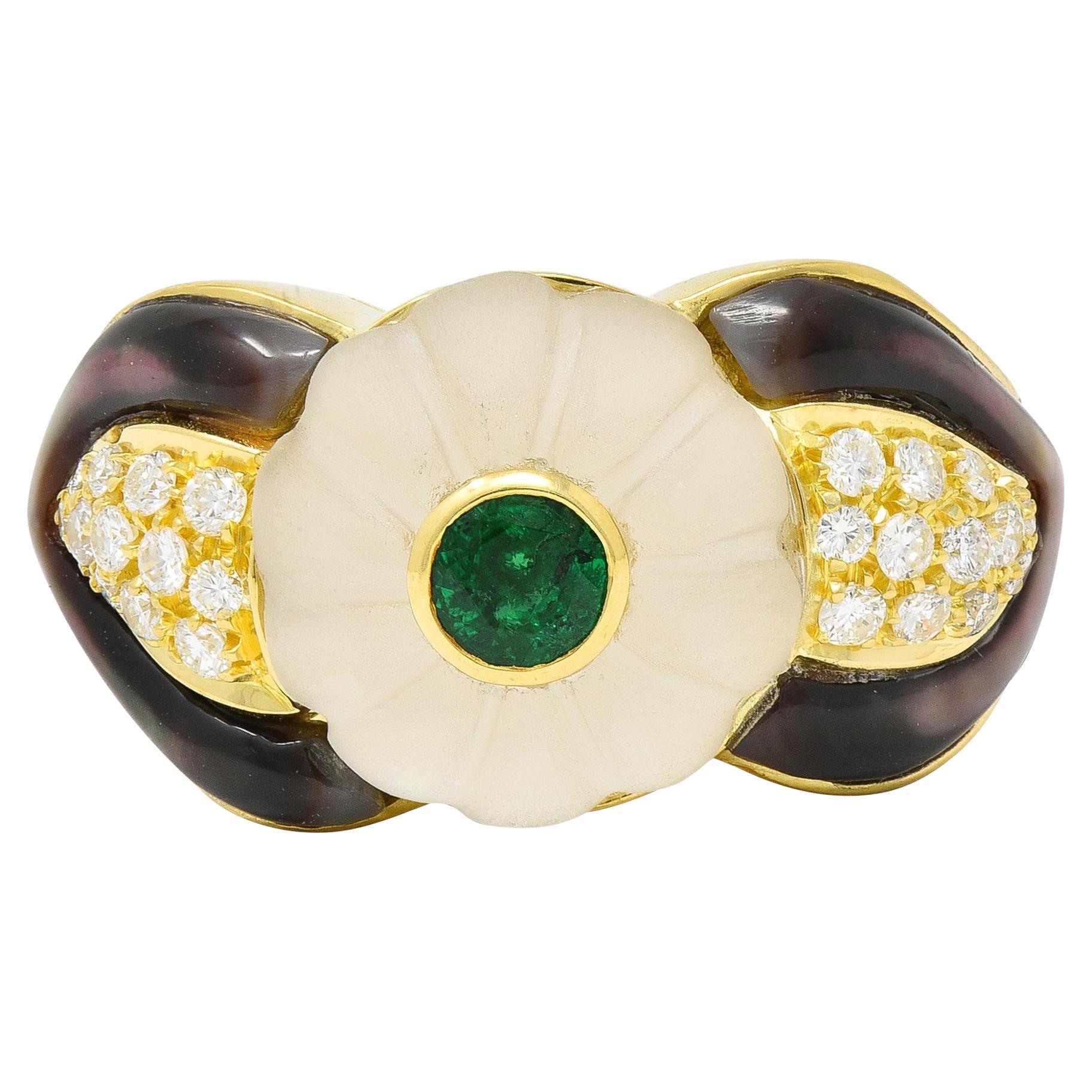 Bulgari Emerald Diamond Mother-of-Pearl Quartz Vintage Ring For Sale