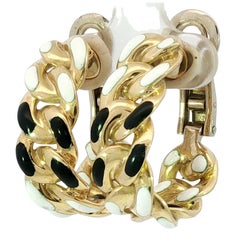 Bulgari Enamel Cuban Link Earrings Clip Ons Black White Enamel 18K Yellow Gold