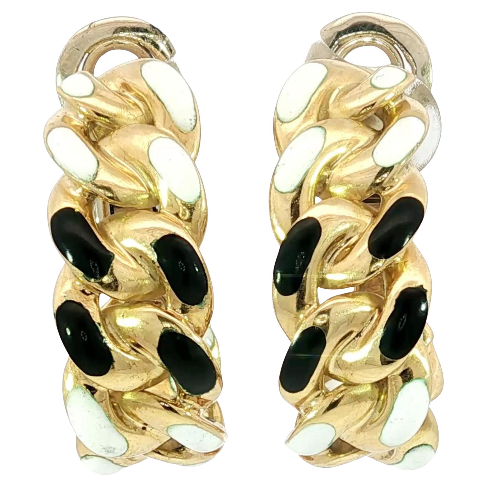 Bulgari Enamel Cuban Link Earrings Clip Ons Black White Enamel 18K Yellow Gold For Sale