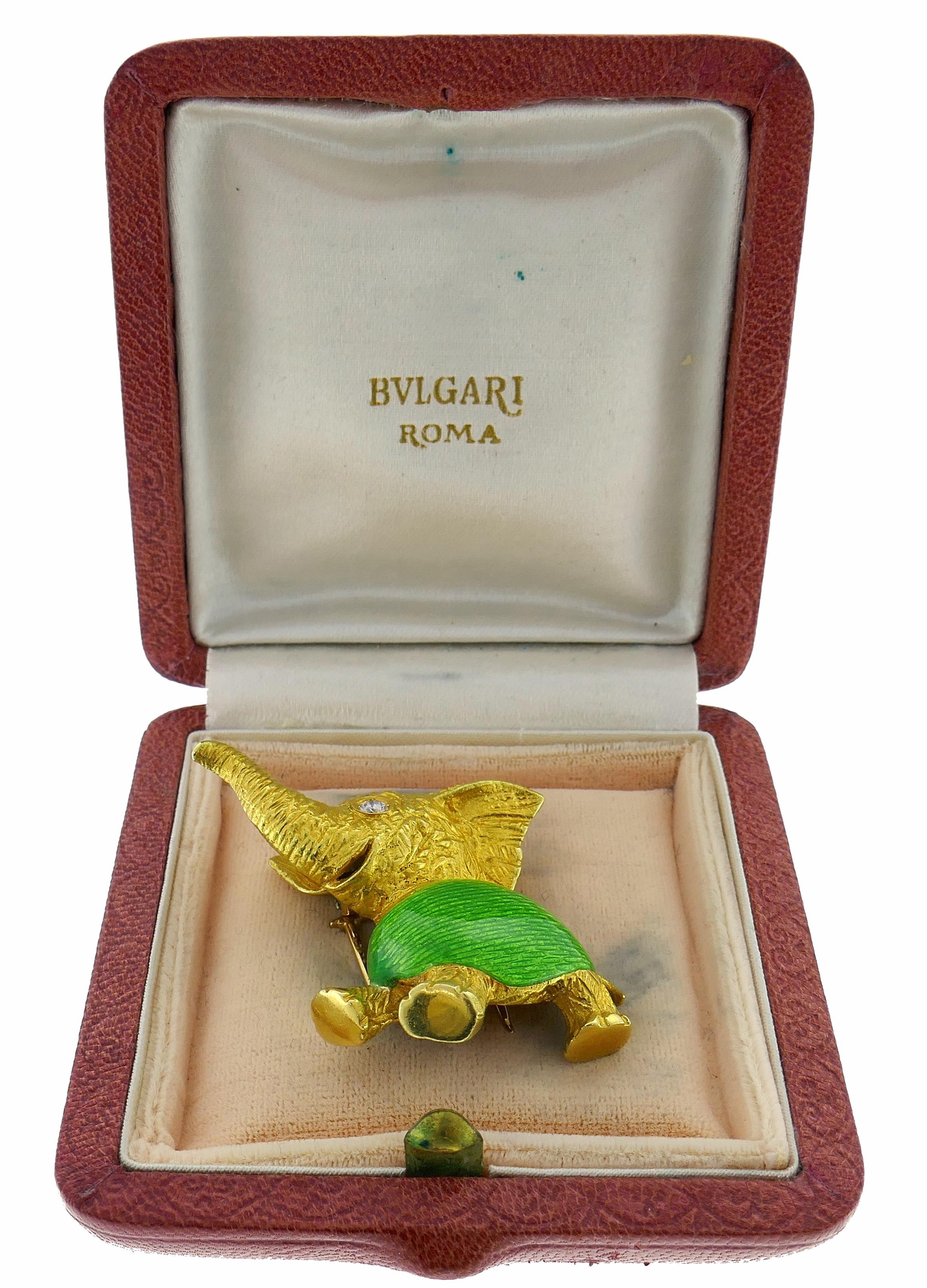 Cute elephant pin created by Bulgari in the 1960s. An elephant is a symbol of will and power.  Colorful, joyful and wearable, the pin is a great addition to your jewelry collection.

The brooch is made of 18 karat yellow gold and enamel, the