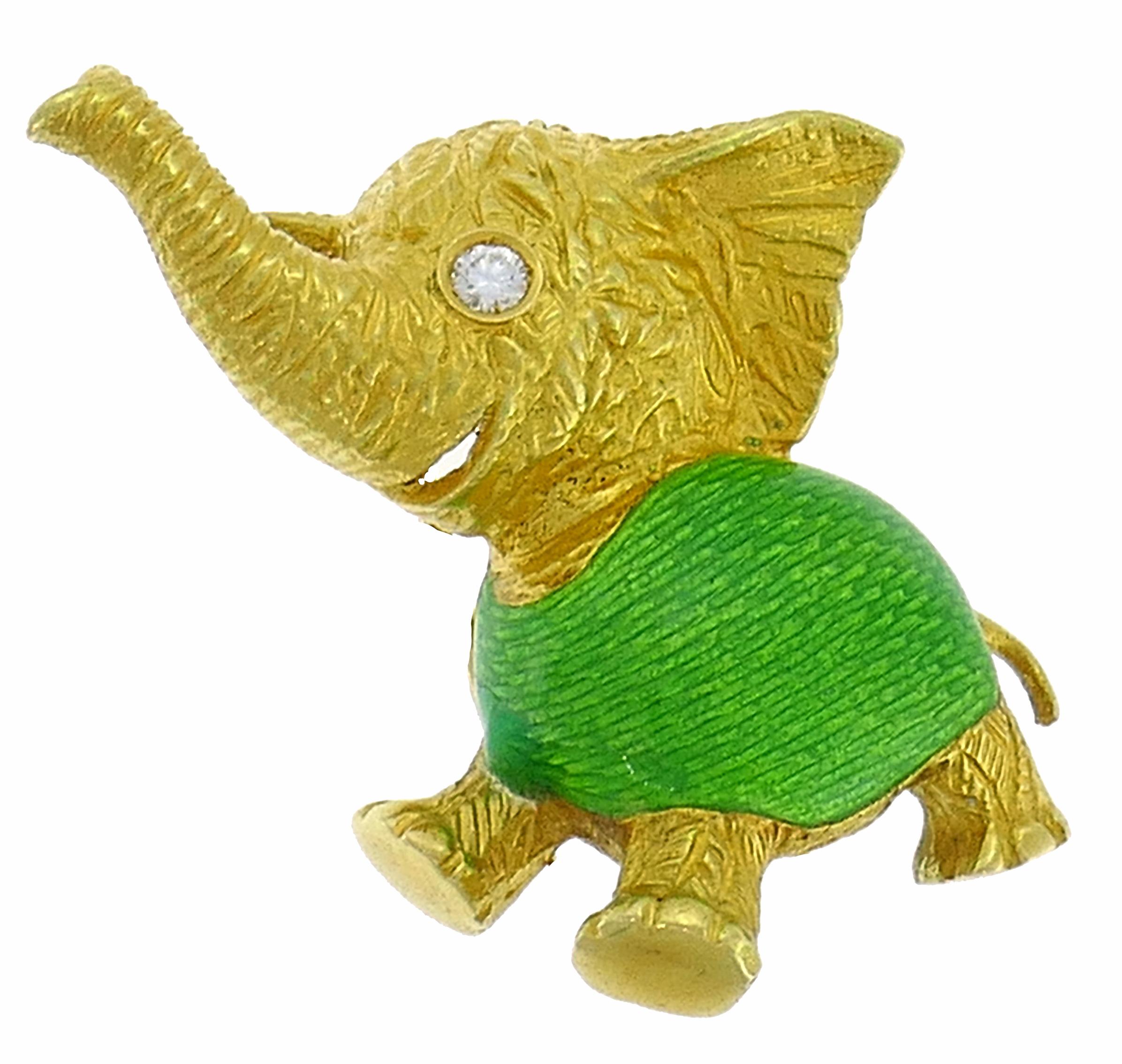 Bulgari Enamel Yellow Gold Elephant Pin Brooch Clip