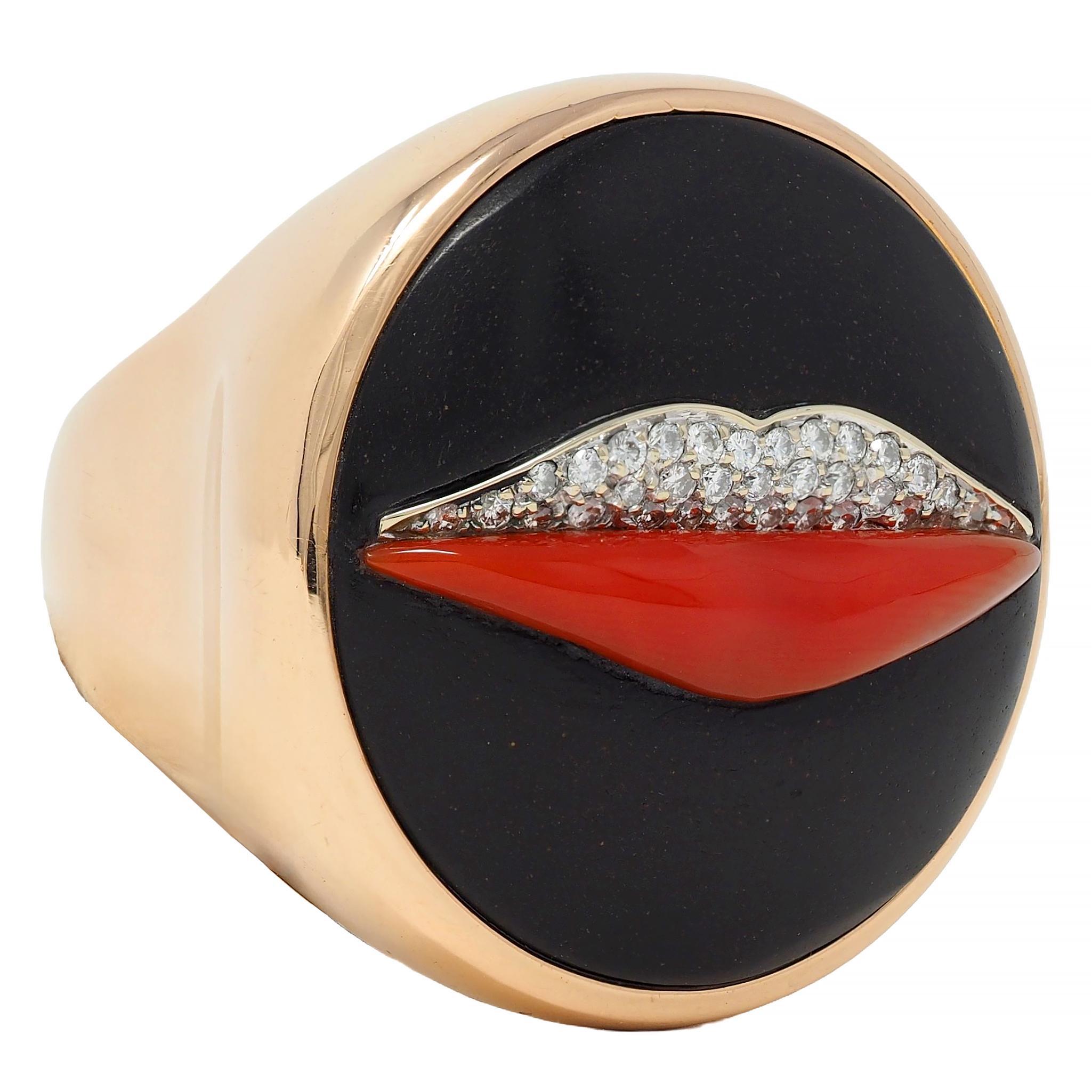 Brilliant Cut Bulgari Enigma Contemporay Diamond Jet Coral 18 Karat Rose Gold Lip Ring