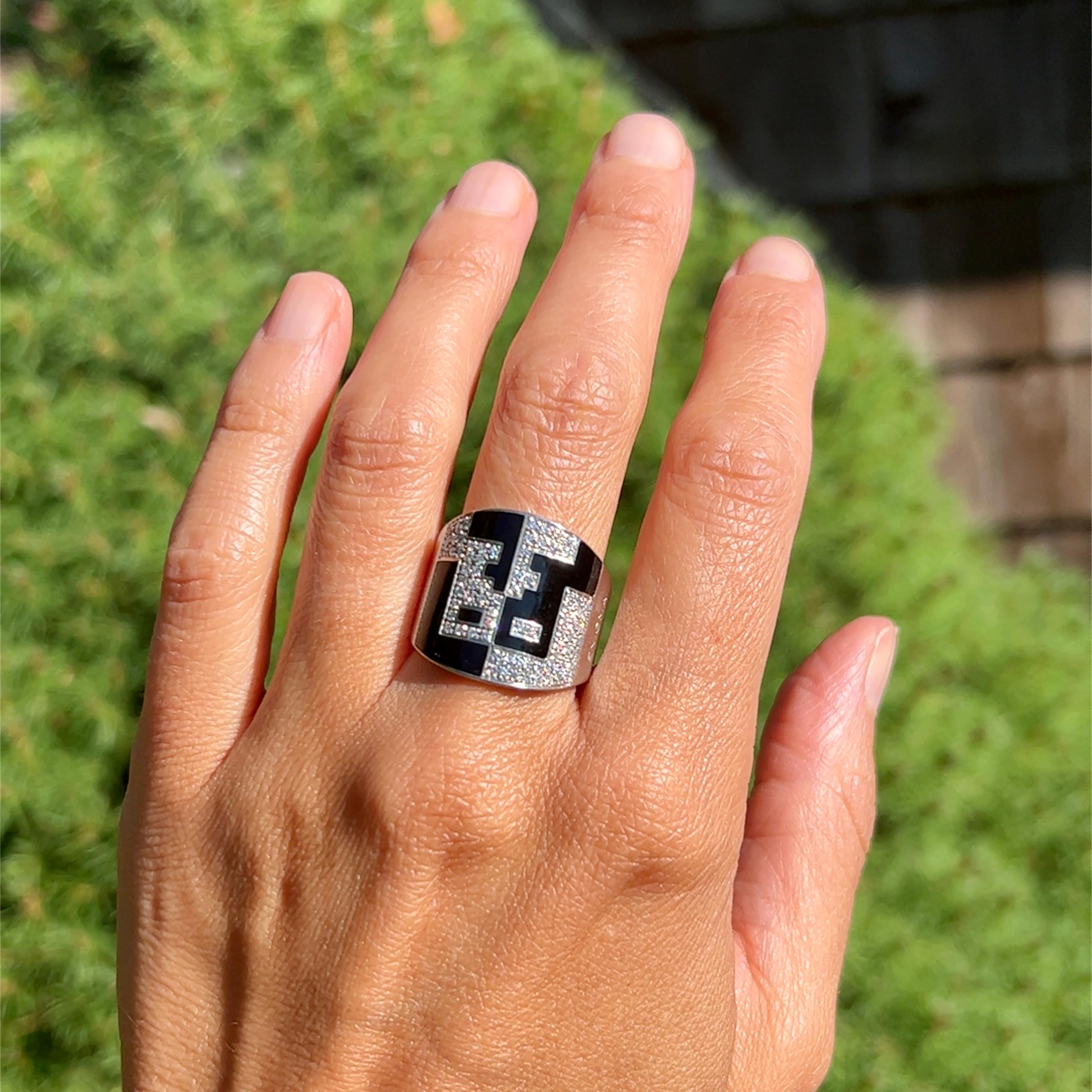 Brilliant Cut Bulgari Enigma Diamond and Enamel Ring in 18K Gold