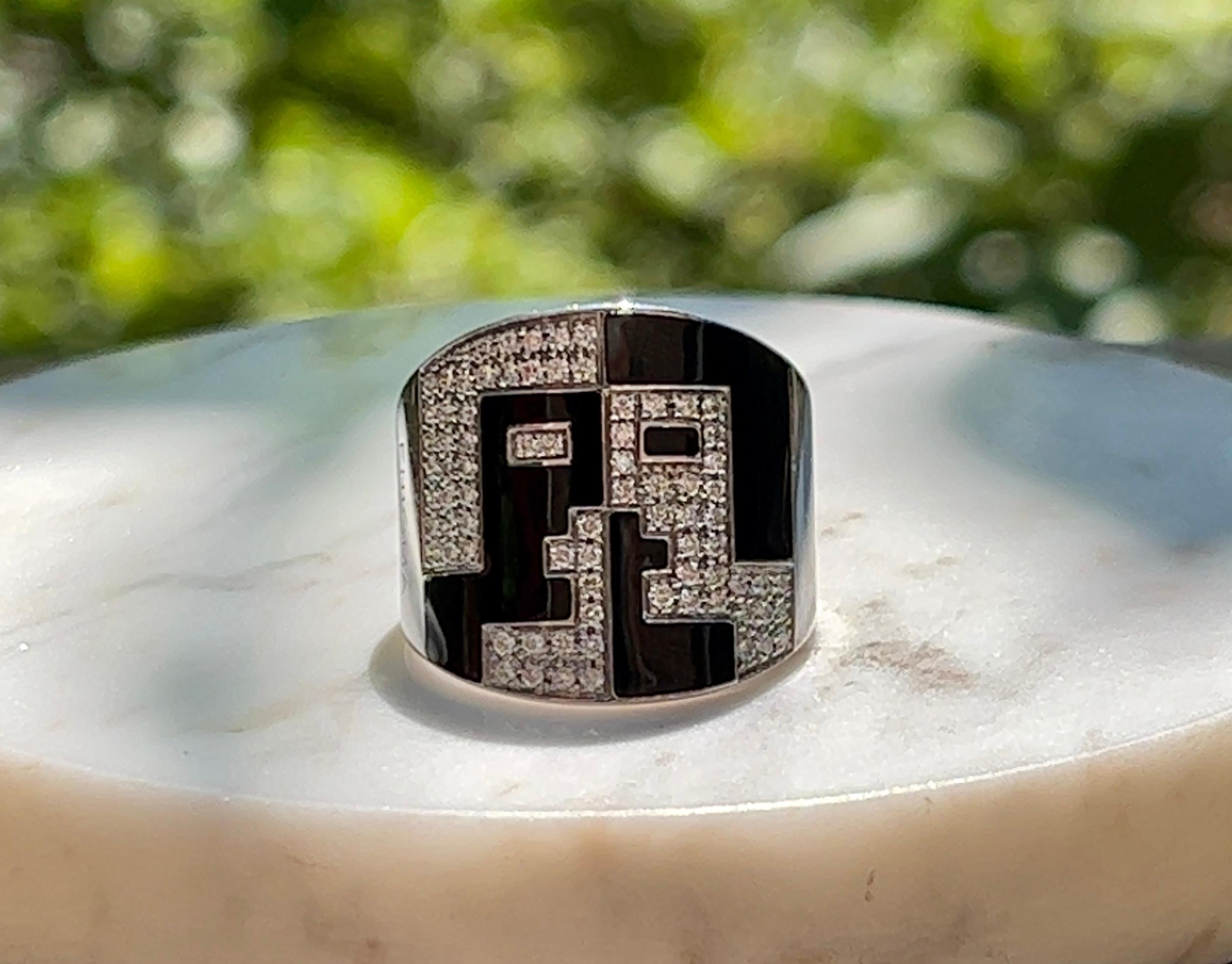 Women's or Men's Bulgari Enigma Diamond and Enamel Ring in 18K Gold