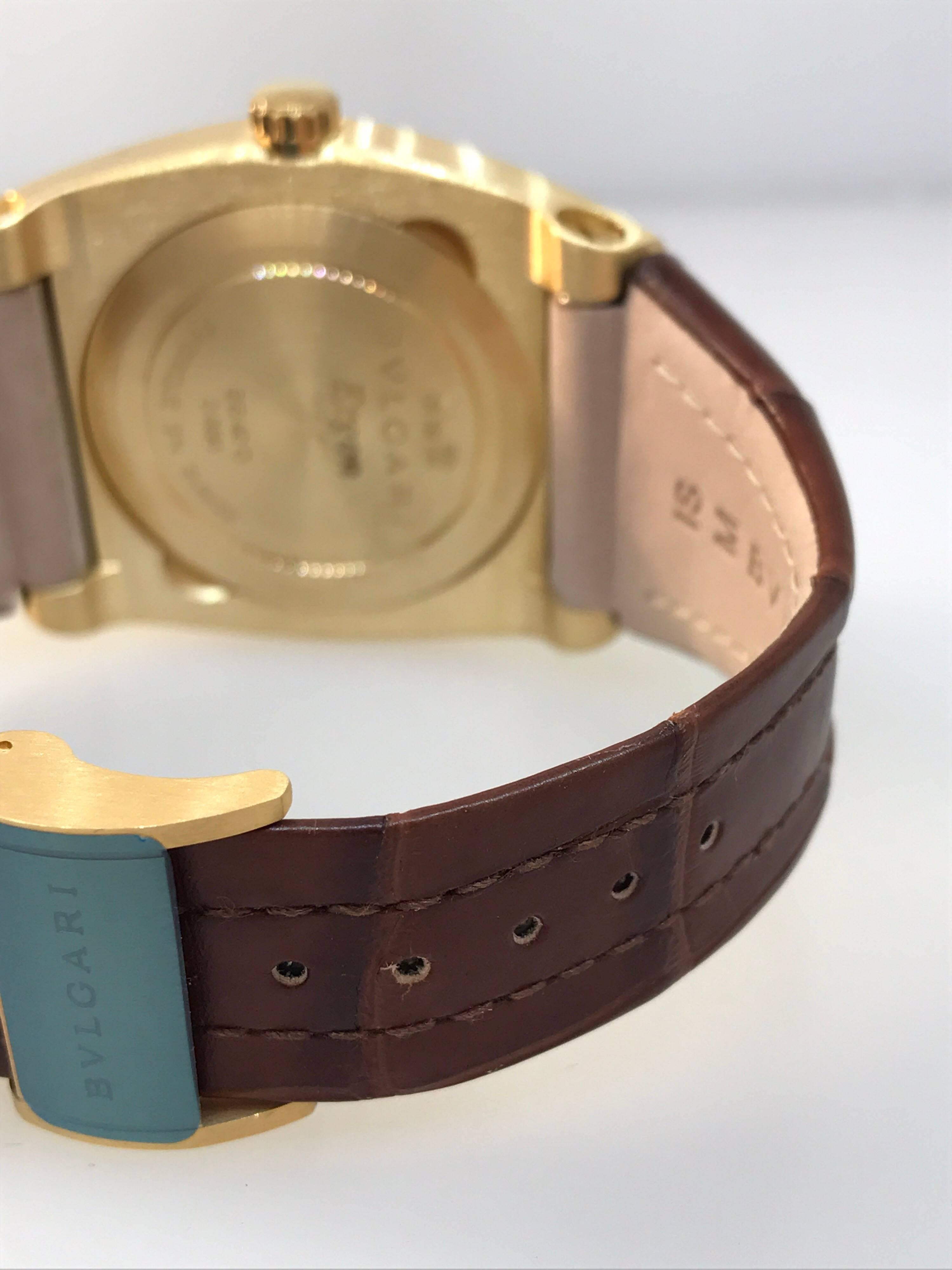 Bulgari Ergon Yellow Gold Silver Dial Brown Leather Band Automatic Men's Watch In New Condition For Sale In New York, NY