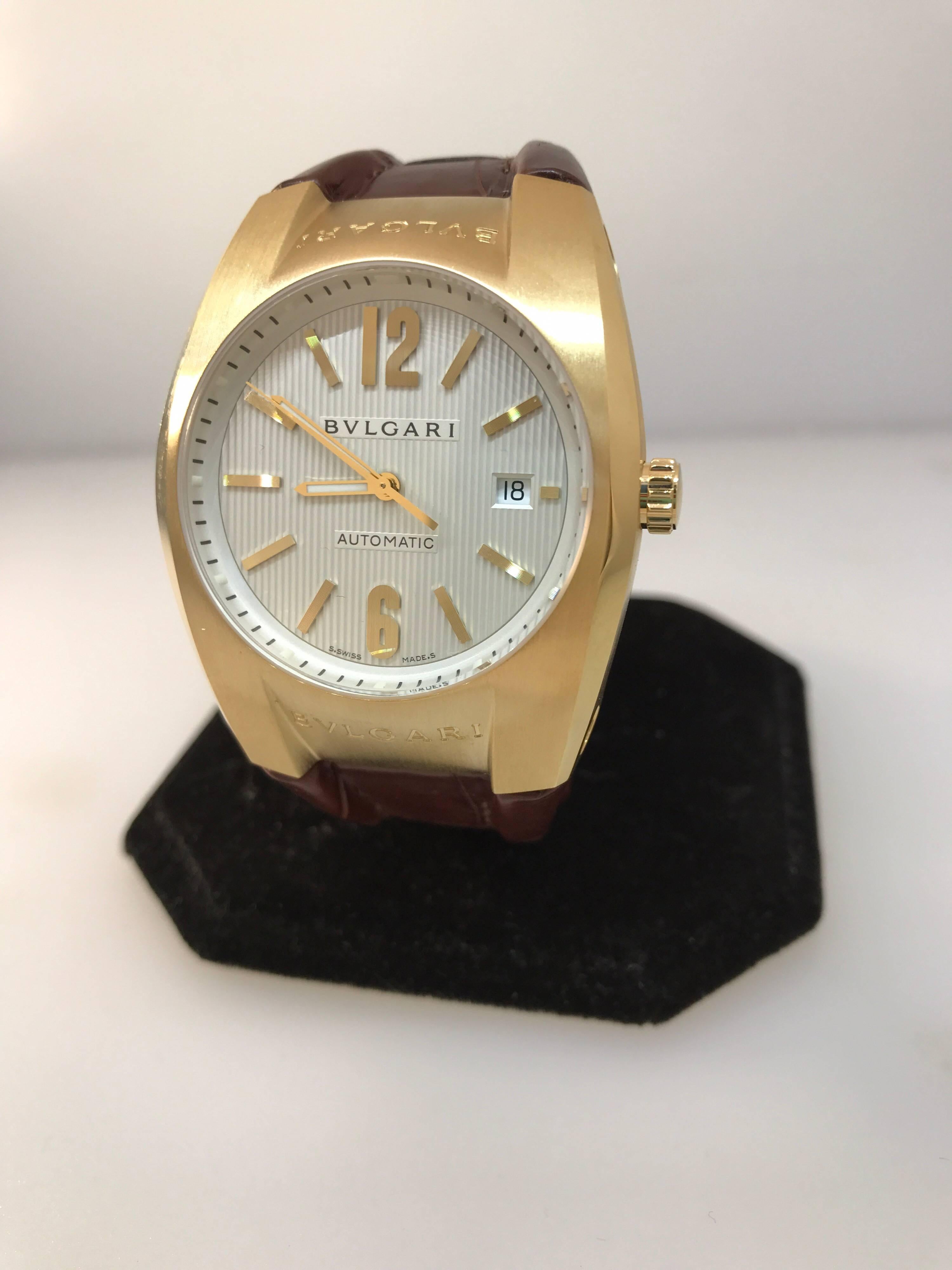 Bulgari Ergon Yellow Gold Silver Dial Brown Leather Band Automatic Men's Watch For Sale 1