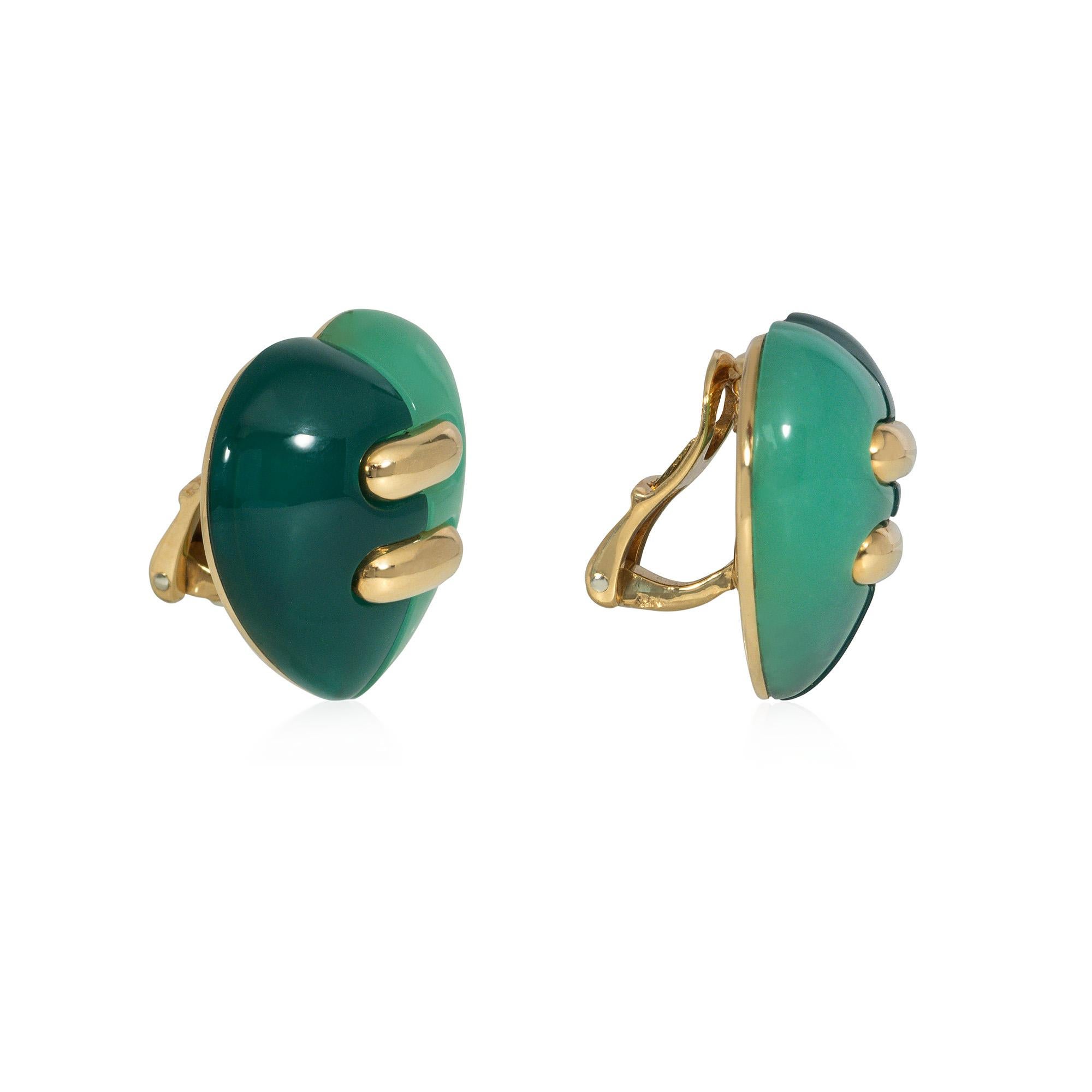 A pair of gold and two-toned green stone clip earrings in the form of bisected hearts, comprising carved chrysoprase and green jasper, with gold laced detail, in 18k.  Bulgari, Italy.

* Includes letter of authenticity for insurance purposes
* Free