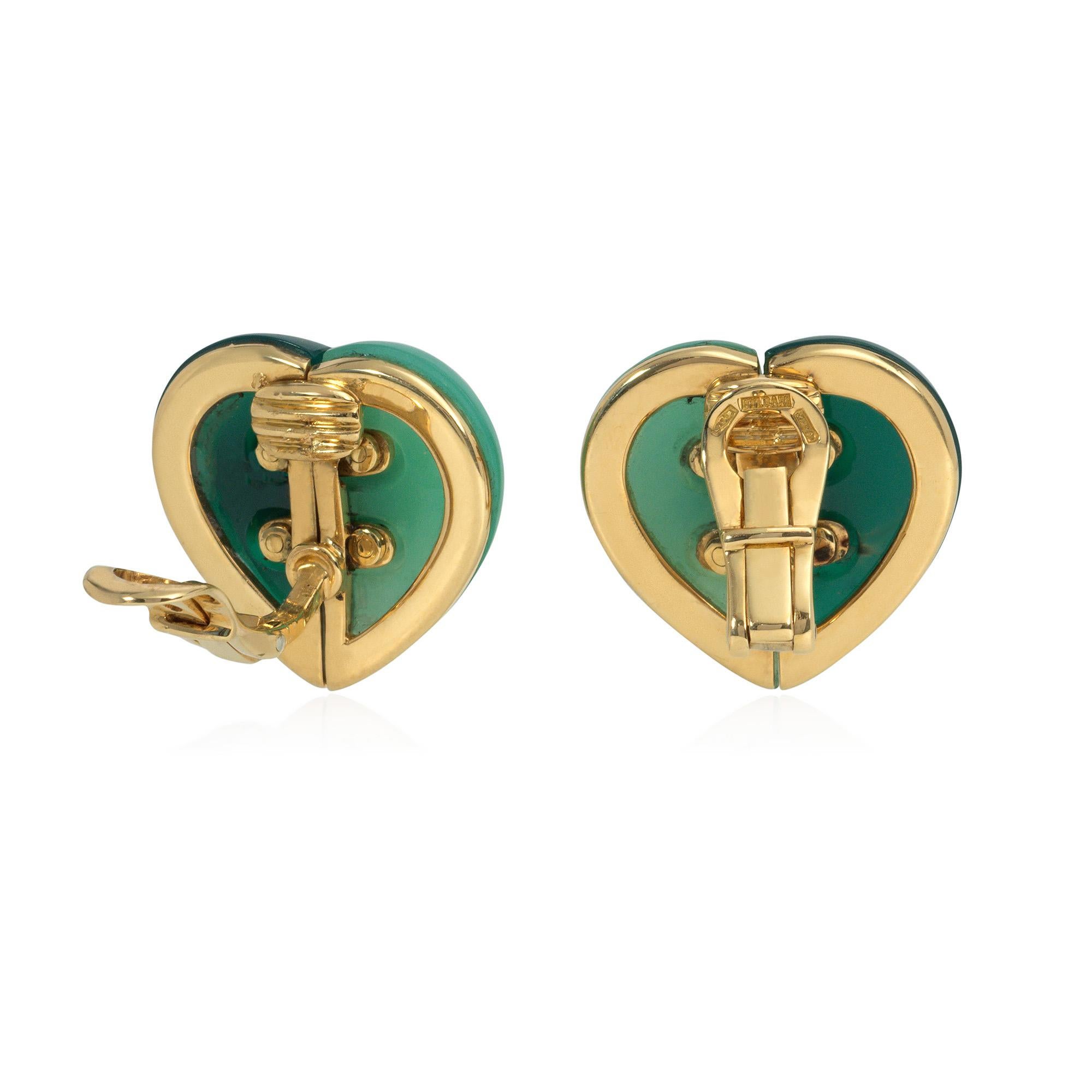 Modern Bulgari Estate Gold, Chrysoprase, and Green Jasper Heart-Shaped Earrings For Sale