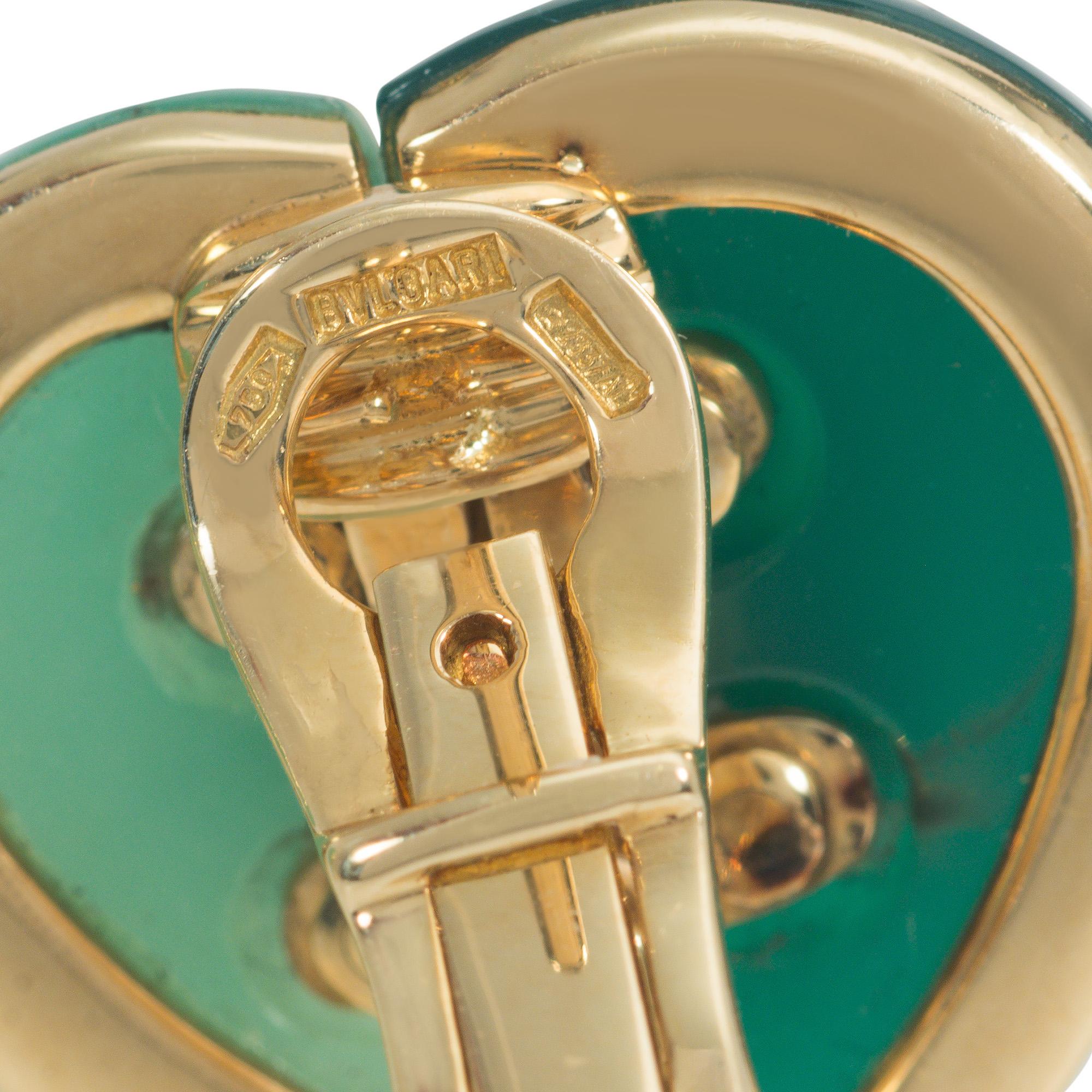Heart Cut Bulgari Estate Gold, Chrysoprase, and Green Jasper Heart-Shaped Earrings For Sale