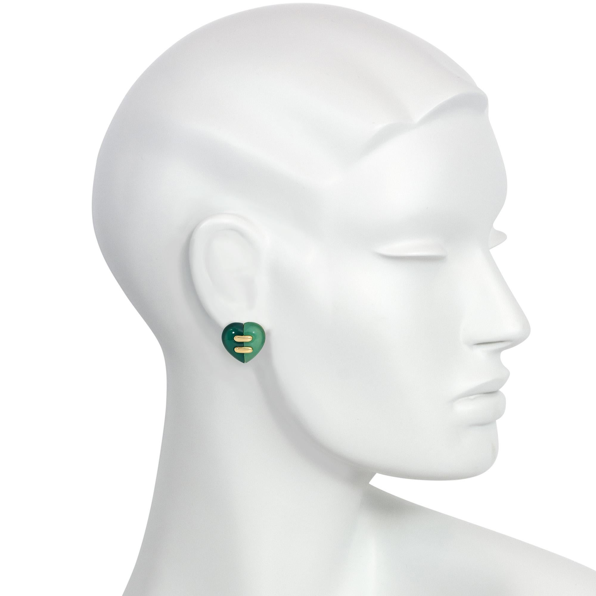 Bulgari Estate Gold, Chrysoprase, and Green Jasper Heart-Shaped Earrings In Good Condition For Sale In New York, NY