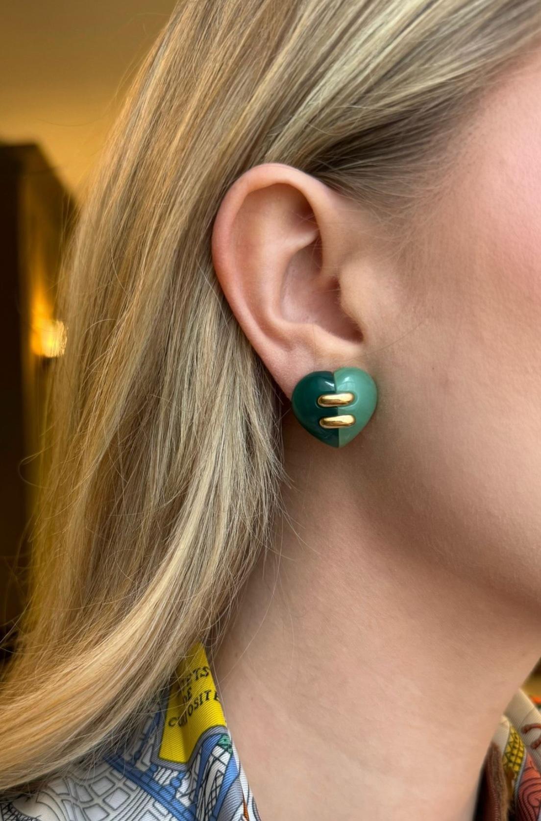 Women's or Men's Bulgari Estate Gold, Chrysoprase, and Green Jasper Heart-Shaped Earrings For Sale