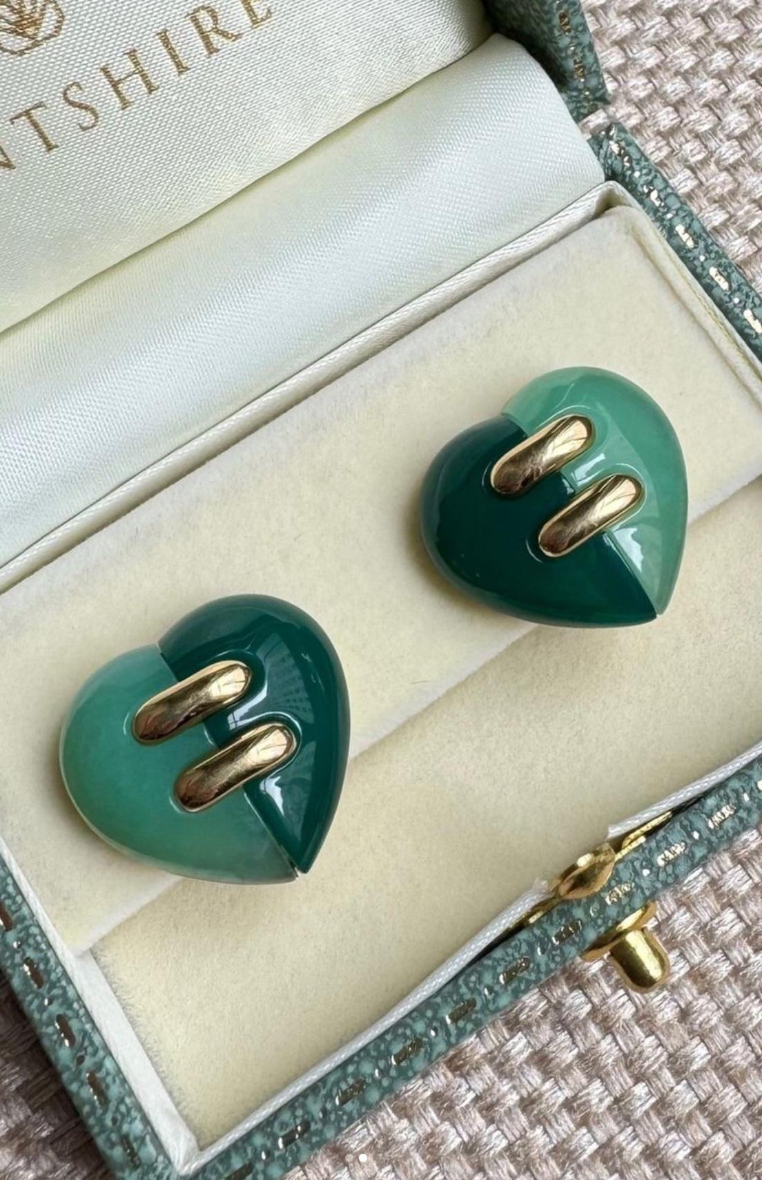 Bulgari Estate Gold, Chrysoprase, and Green Jasper Heart-Shaped Earrings For Sale 1
