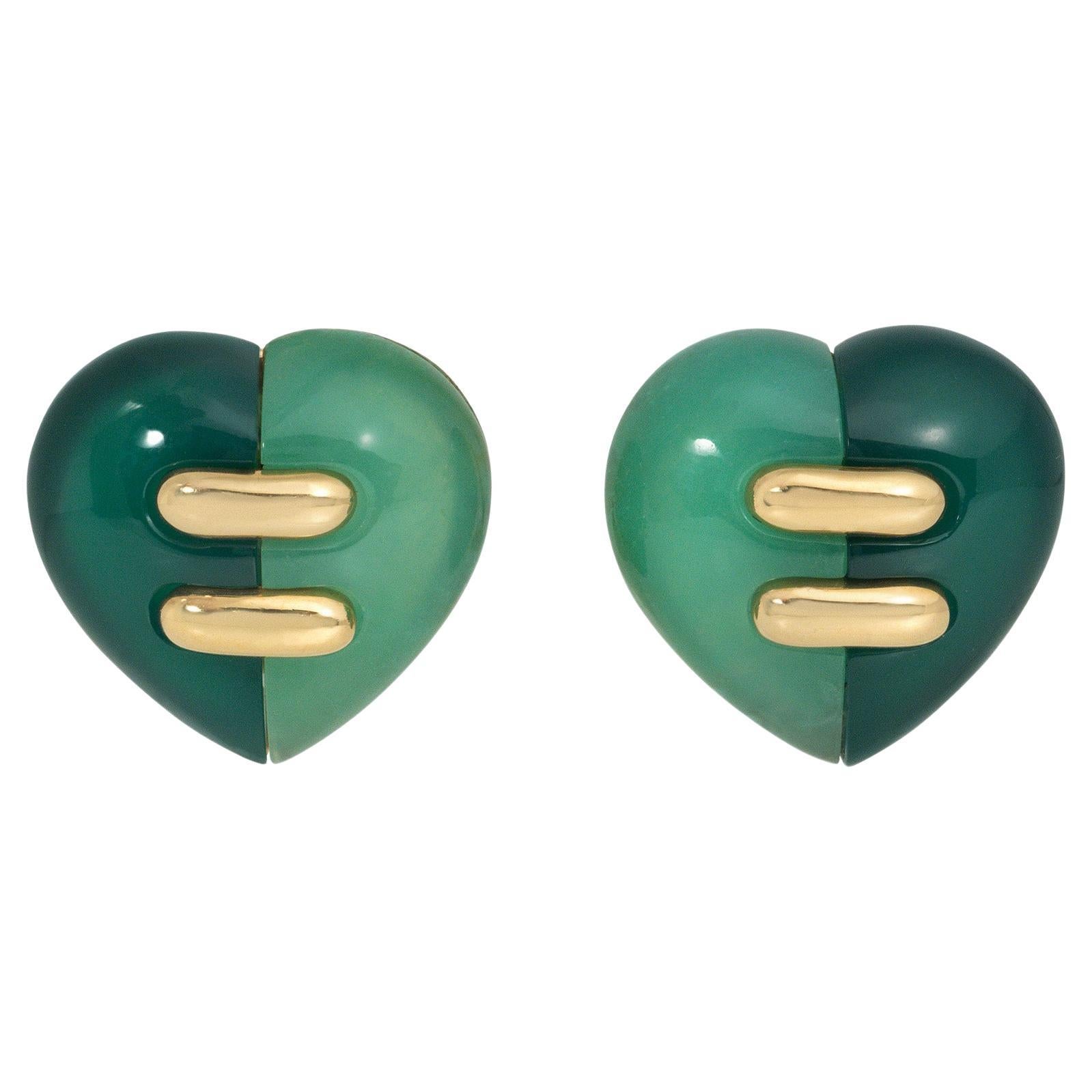 Bulgari Estate Gold, Chrysoprase, and Green Jasper Heart-Shaped Earrings For Sale
