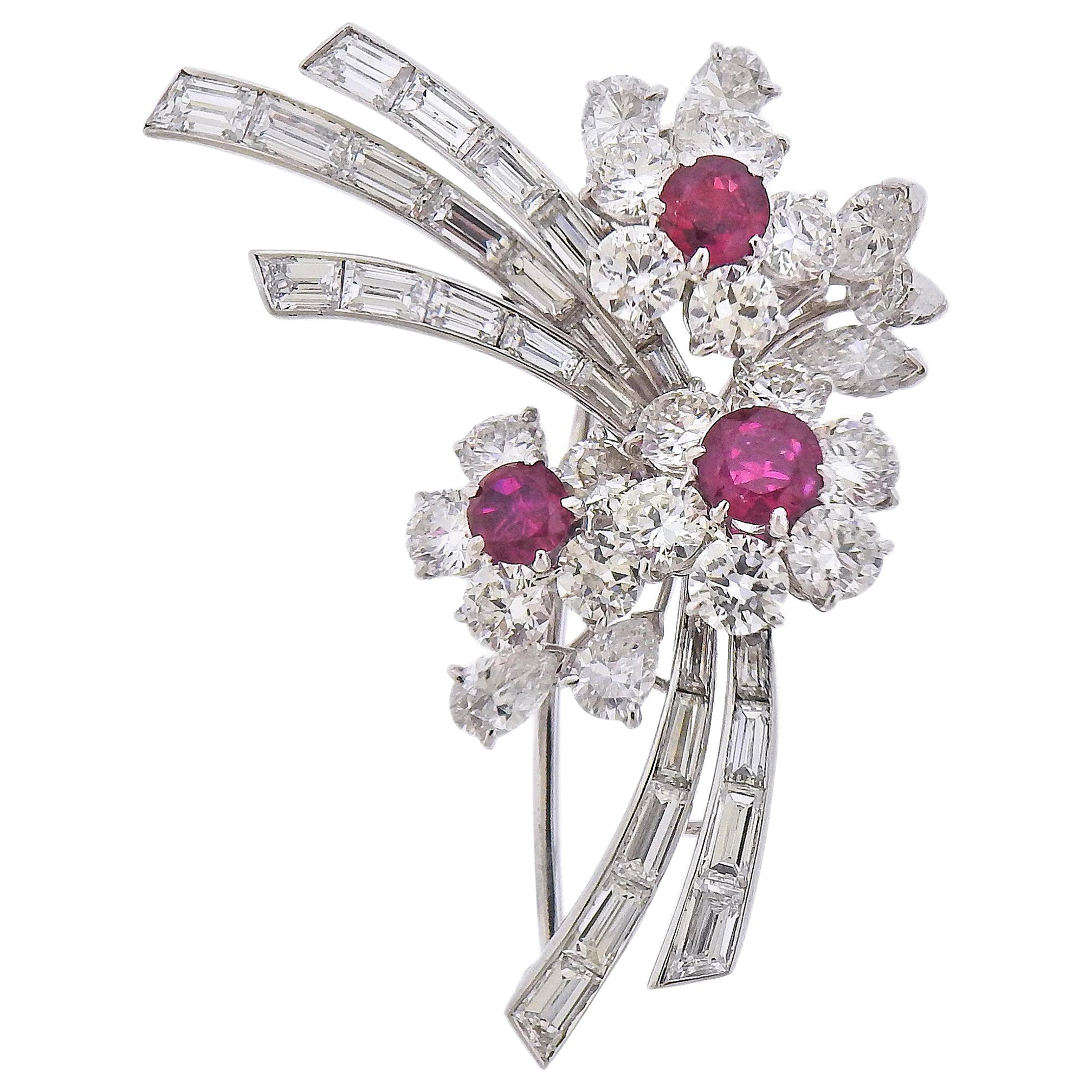Bulgari Exquisite Ruby and Diamond Platinum Floral Brooch
