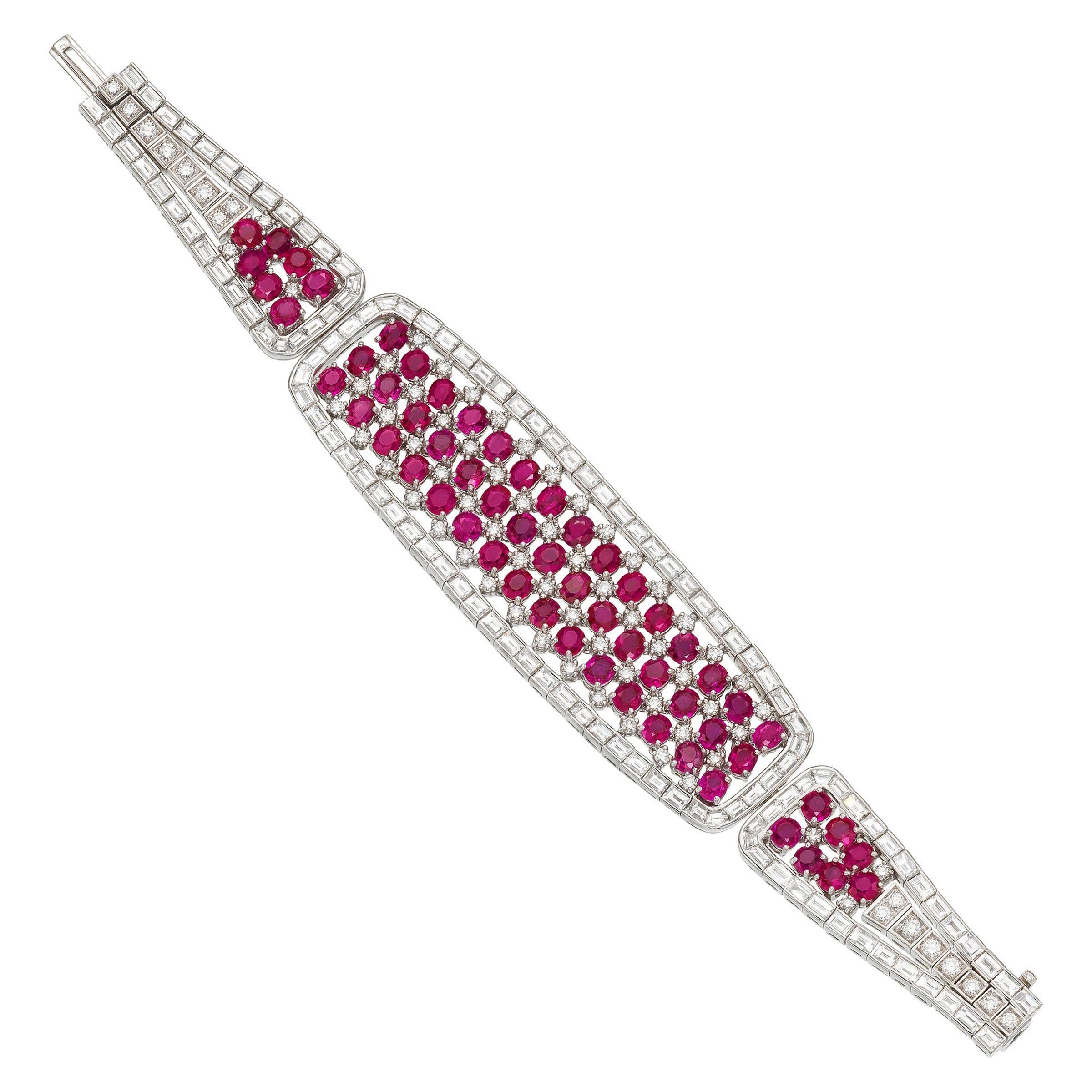 Bulgari Exquisite Burma Ruby Diamond Estate Bracelet in Platinum For Sale