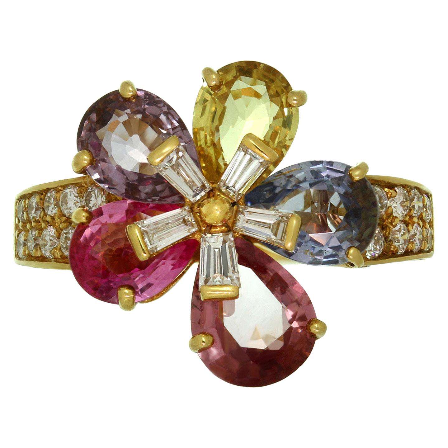 Bulgari Fancy Sapphire Diamond Yellow Gold Flower Ring For Sale