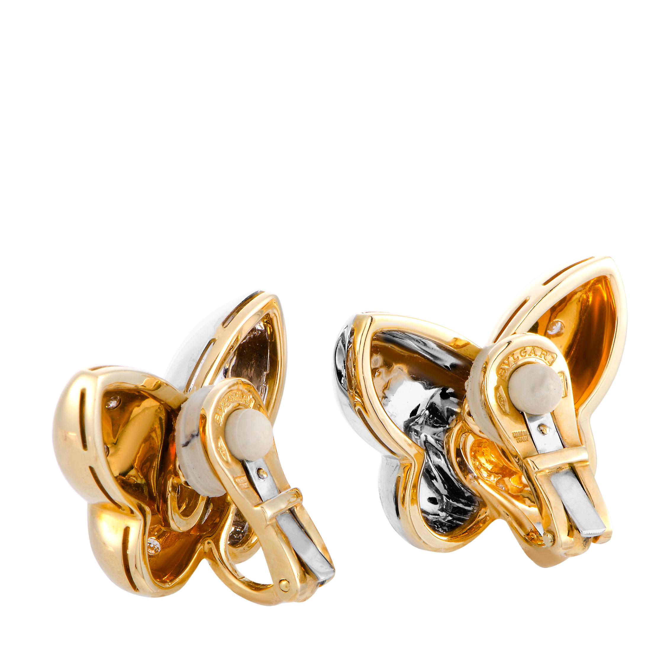 The Bvlgari “Farfalle” earrings are crafted from 18K white and yellow gold and set with diamonds. The earrings measure 0.81” in length and 1” in width and each of the two weighs 12.35 grams.

Offered in estate condition, this pair of earrings