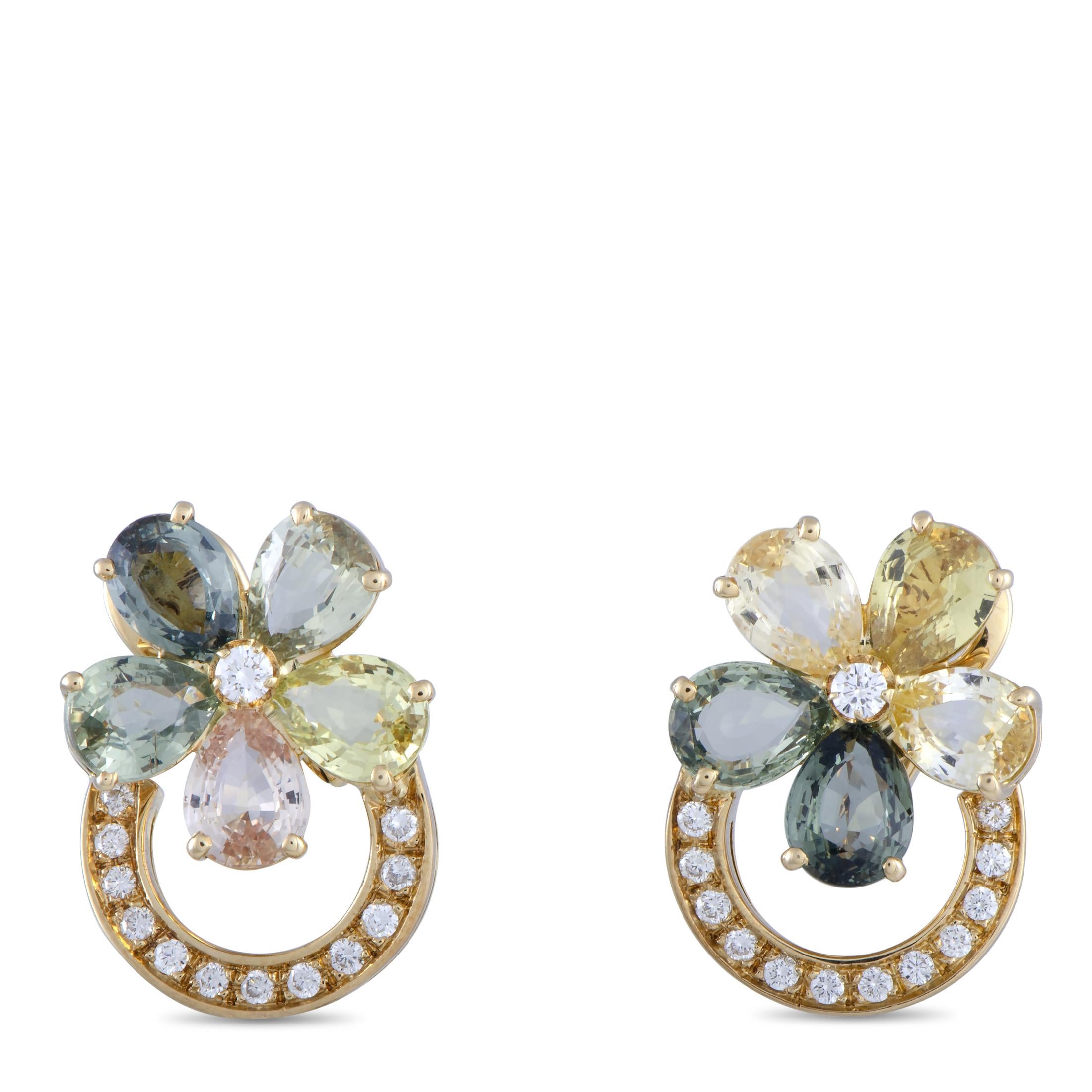 Boasting an incredibly refined design that is splendidly topped off with sublime sapphires and scintillating diamonds, these wonderful Bvlgari earrings offer a look of utmost sophistication. The pair is expertly crafted from 18K yellow gold and each
