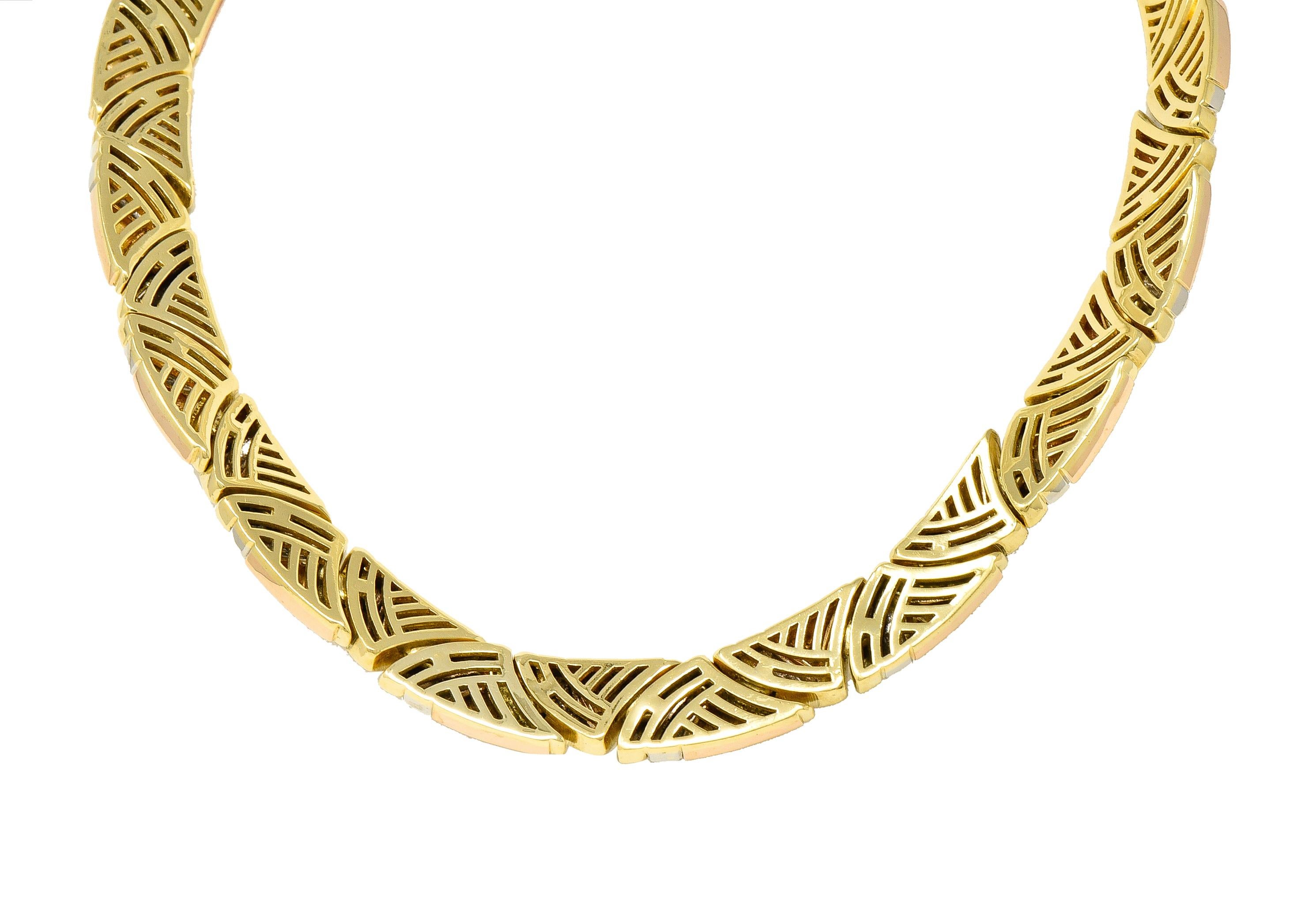 Bulgari French 1980's 18 Karat Tri-Gold Geometric Vintage Collar Necklace In Excellent Condition For Sale In Philadelphia, PA