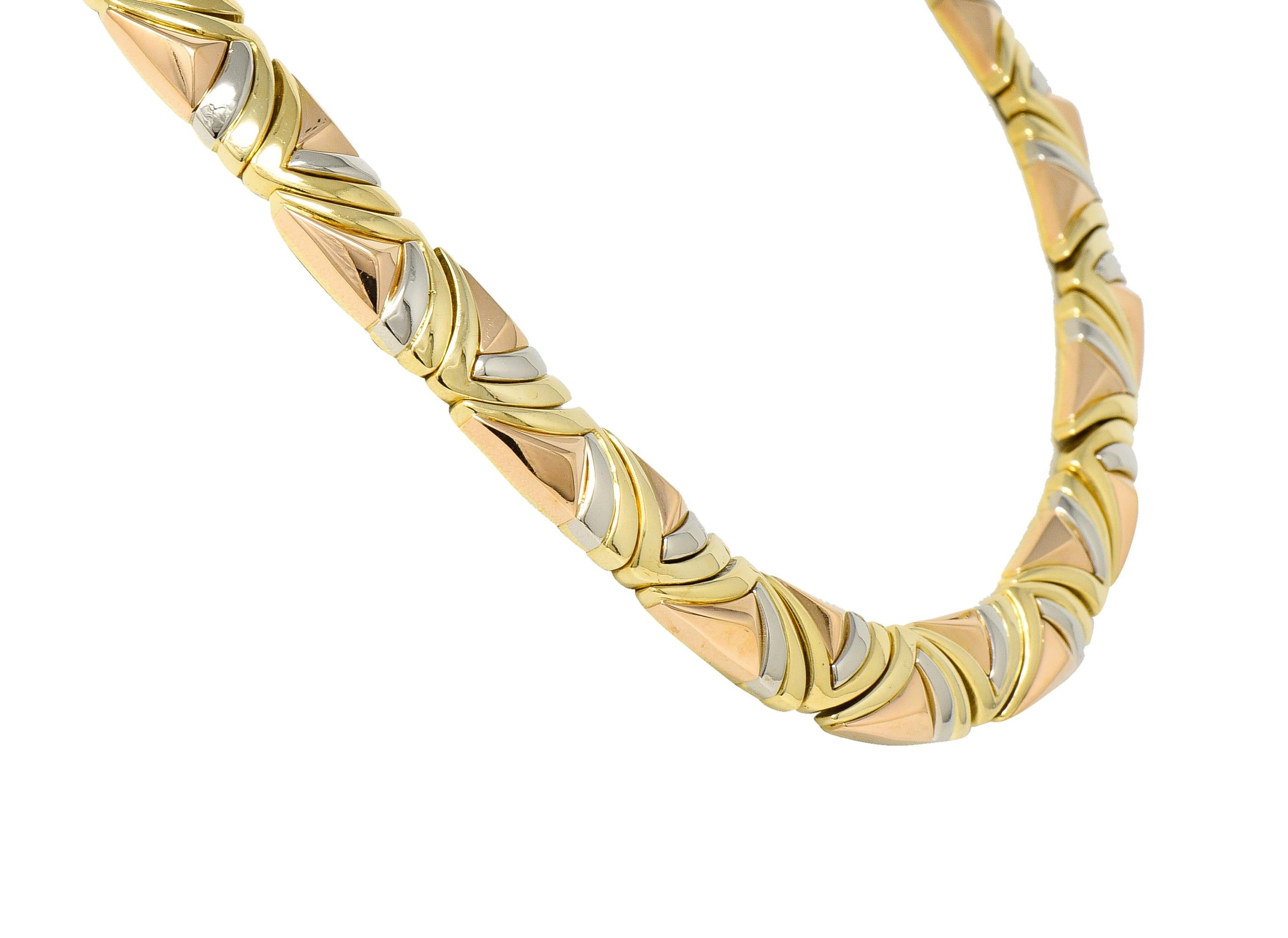 Women's or Men's Bulgari French 1980's 18 Karat Tri-Gold Geometric Vintage Collar Necklace For Sale