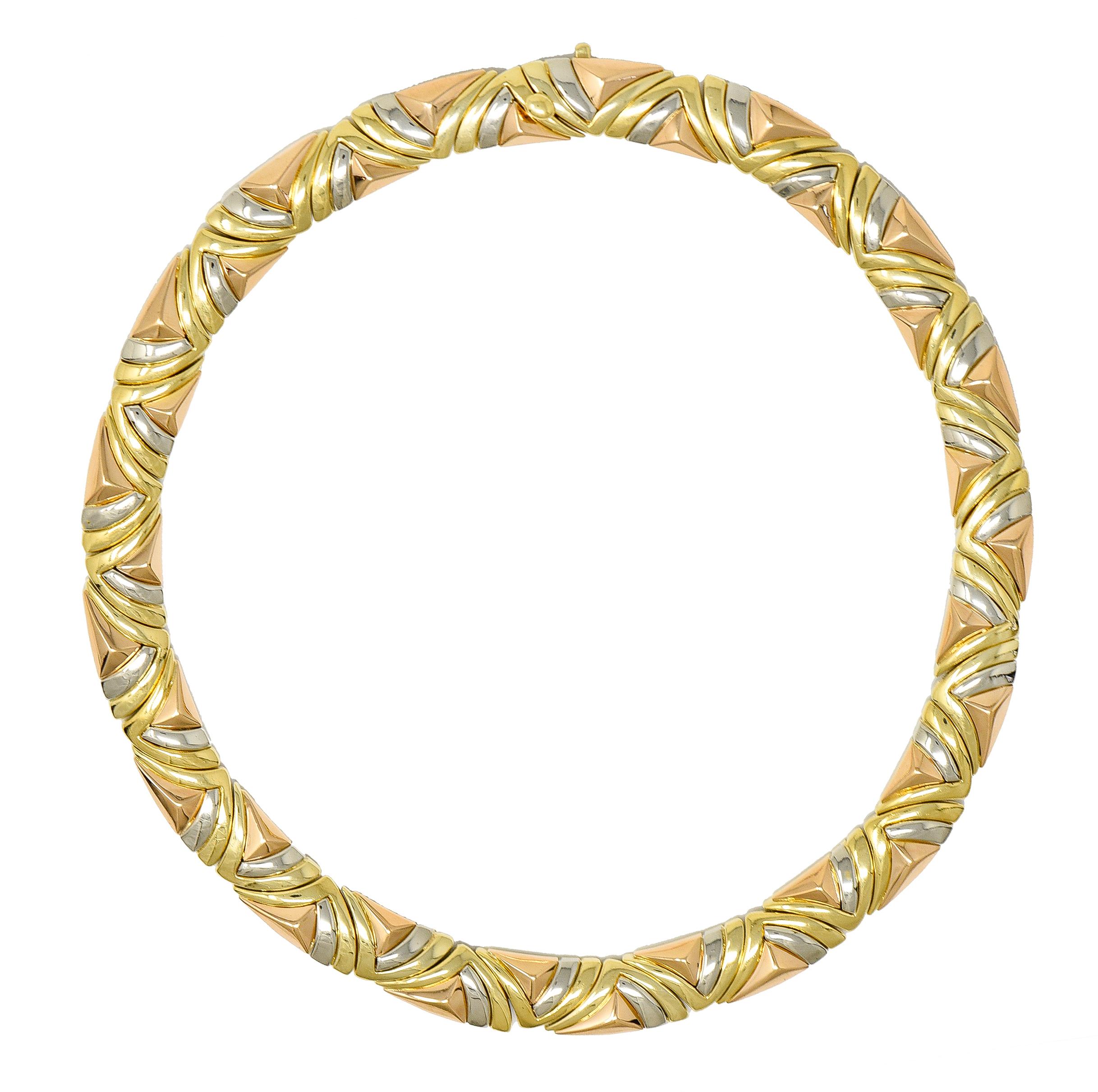 Bulgari French 1980's 18 Karat Tri-Gold Geometric Vintage Collar Necklace For Sale 4