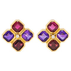 Bulgari French 1980's Multi-Gem Diamond 18K Gold Vintage Ear-Clip Earrings