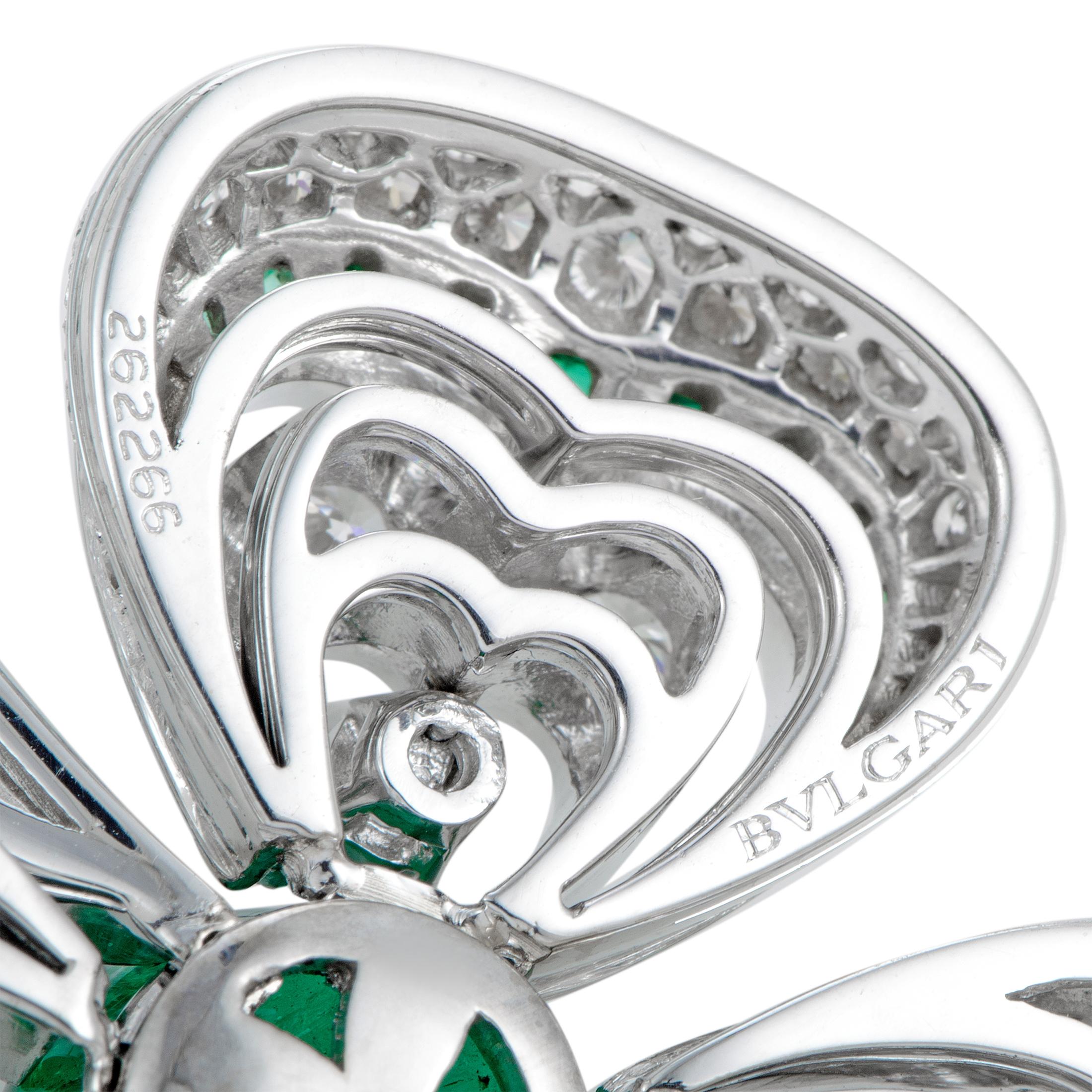 Women's Bulgari Full Diamond Pave and Emerald White Gold Flower Pendant Necklace