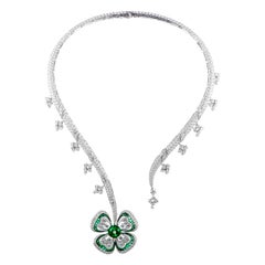 Bulgari Full Diamond Pave and Emerald White Gold Flower Pendant Necklace